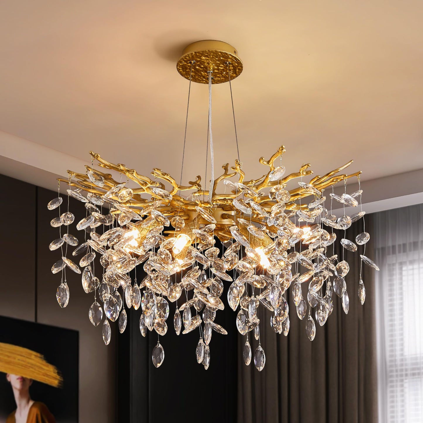 witkey Modern Tree Branch Crystal Chandelier Luxury Gold Crystal Pendant Lighting 23.6" Contemporary 8-Light Chandeliers for Dining Room Kitchen Bedroom Living Room