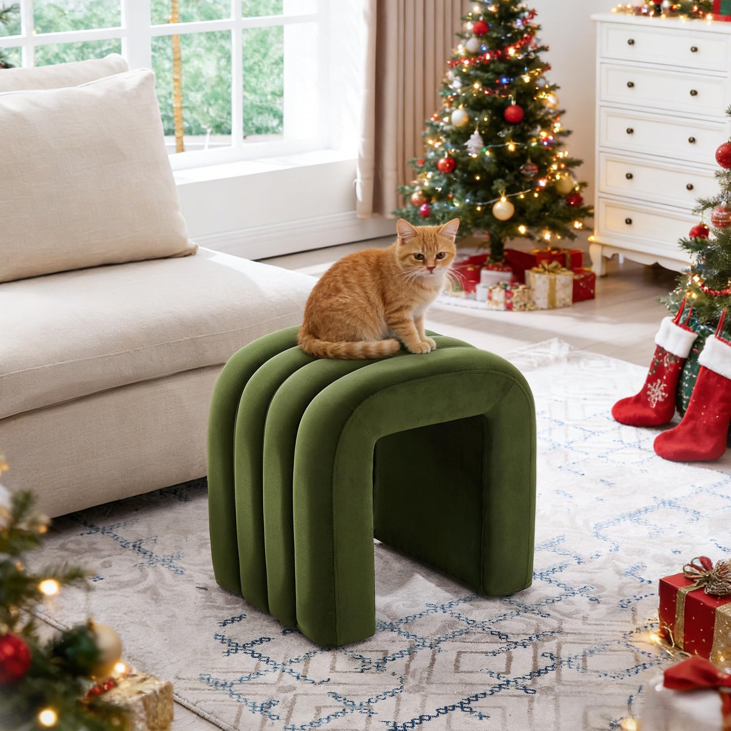 Scingu Multi-Functional Ottoman Stool, Footrest for Couch, Modern Vanity Stool for Make-up Room, Living Room and Entryway, Small Cute Footstool (Olive Green Velvet)