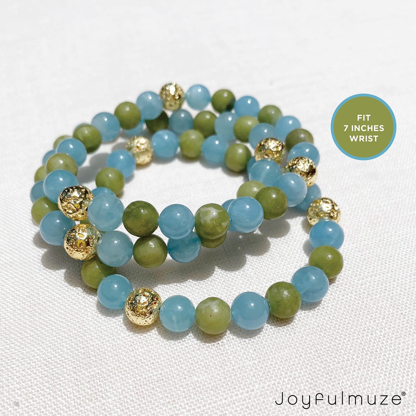 Joyfulmuze Aquamarine Serpentine Stretch Bracelet, Natural Blue and Green Round Gemstone, Handmade Spiritual Jewelry for Women Men, Gold Lava Beads, 17cm length (Aquamarine-Serpentinite-Lava Stone)