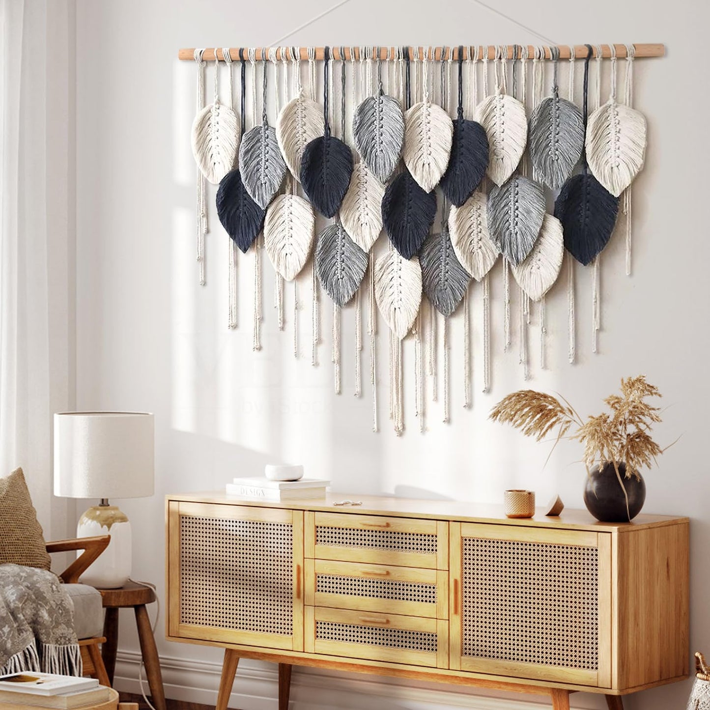 Weldomcor Macrame Wall Hanging Leaf Woven Tapestry Bohemian Chic Wall Hanging Feather Large Handmade Wall Art Decor for Bedroom Living Room Apartment Ornament, 39 inch