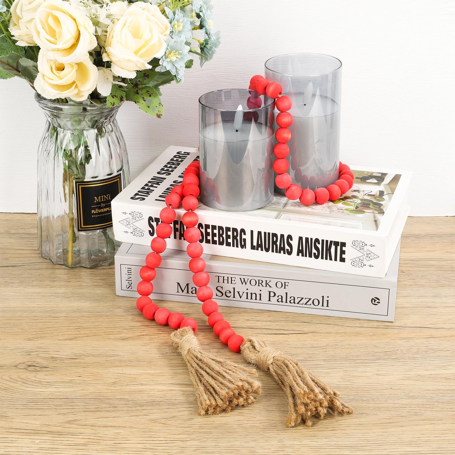 QIAHMNYE Wood Beads Garland with Tassel Rustic Country Decor Prayer Boho Wooden Beads String for Morden Wall Hanging Decor-Rose