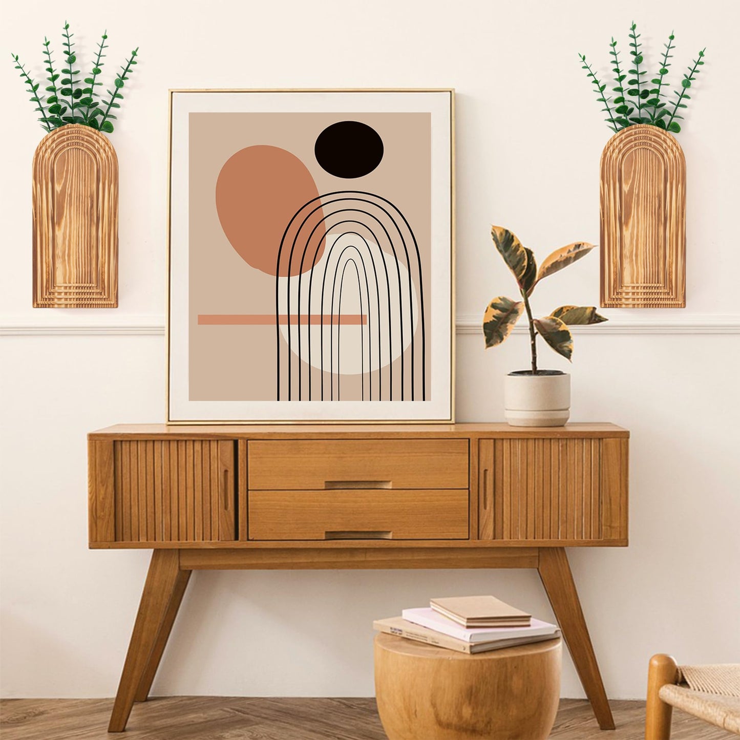 2 Pcs Wooden Wall Vase Set for Decor with 10pcs Artificial Eucalyptus Plants-Boho Hanging Planter Modern Farmhouse Wall Decor for Bathroom Living Room Dining Room Bedroom Kitchen