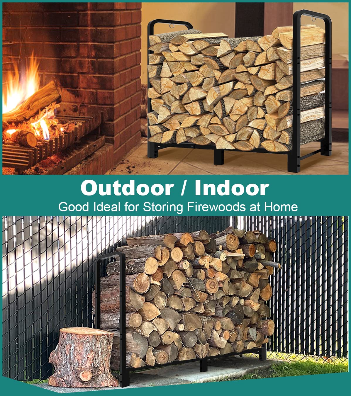 Fandature 4Ft Firewood Rack Adjustable Fireplace Wood Holder for Outdoor Indoor Storage Log - Heavy Duty Fire Log Lumber Stand Stacker, Black