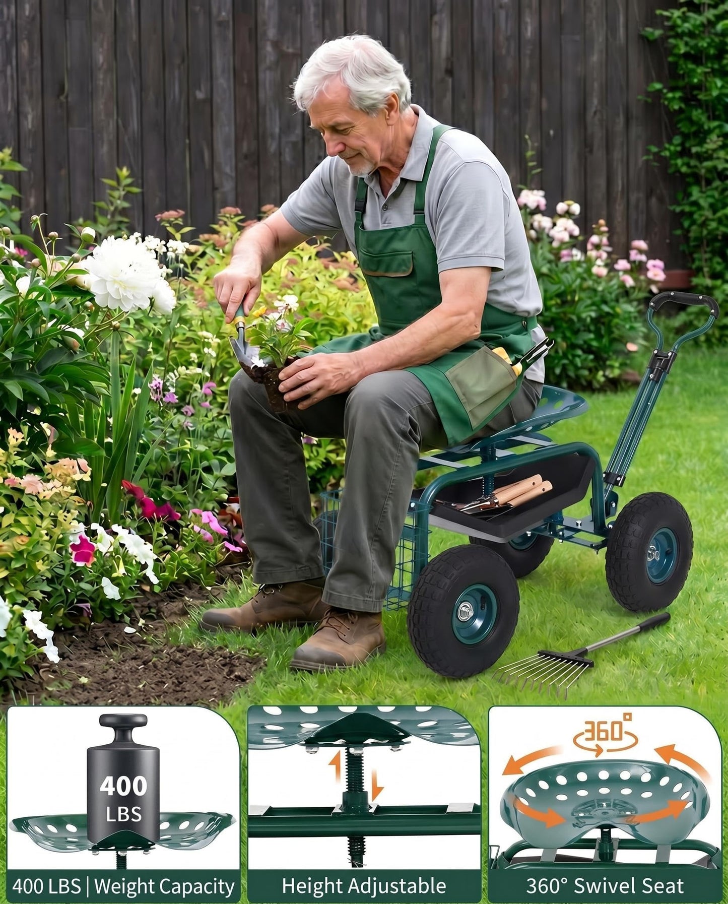 Heavy Duty Garden Cart, Garden Scooter Rolling Work Seat, 360° Swivel with 10-Inch All-Terrain Inflatable Tires, Extendable Steering Handle & Metal Tool Tray for Planting, Weeding, Yard Work