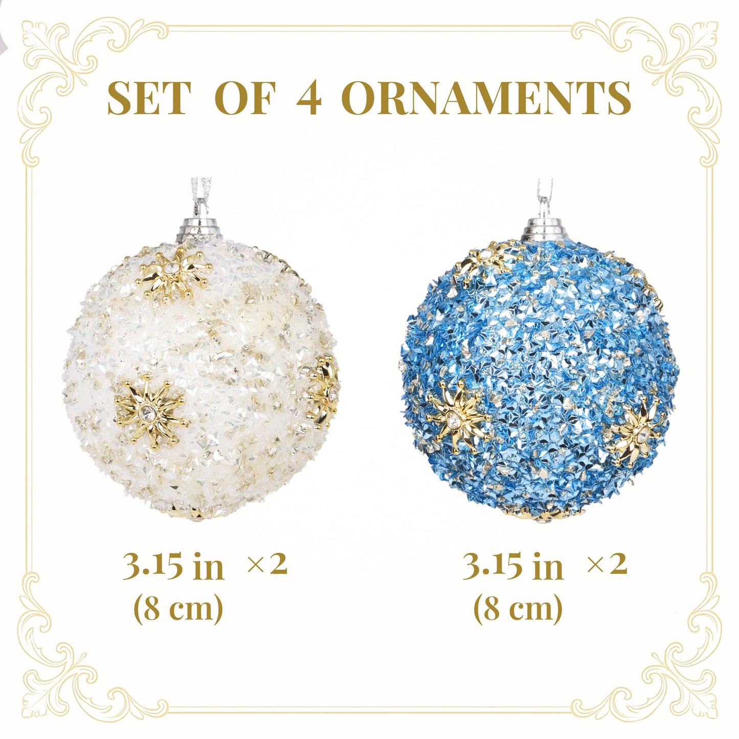 Set of 4 White & Blue Christmas Tree Ornaments, 3.15" Glitter Crushed-Ice Ball Ornaments with Gold Sunburst Accents, Handcrafted Shatterproof Hanging Decorations for Xmas Tree & Holiday Home Decor