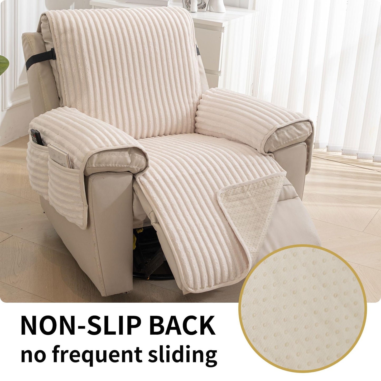 HAOMAIJIA Faux Fur Recliner Chair Covers Non-Slip Waterproof Recliner Covers That Stay in Place Warm Thick Lazy Boy Recliner Cover for Dogs Furniture Protector Pet Friendly (Off White, 23'')