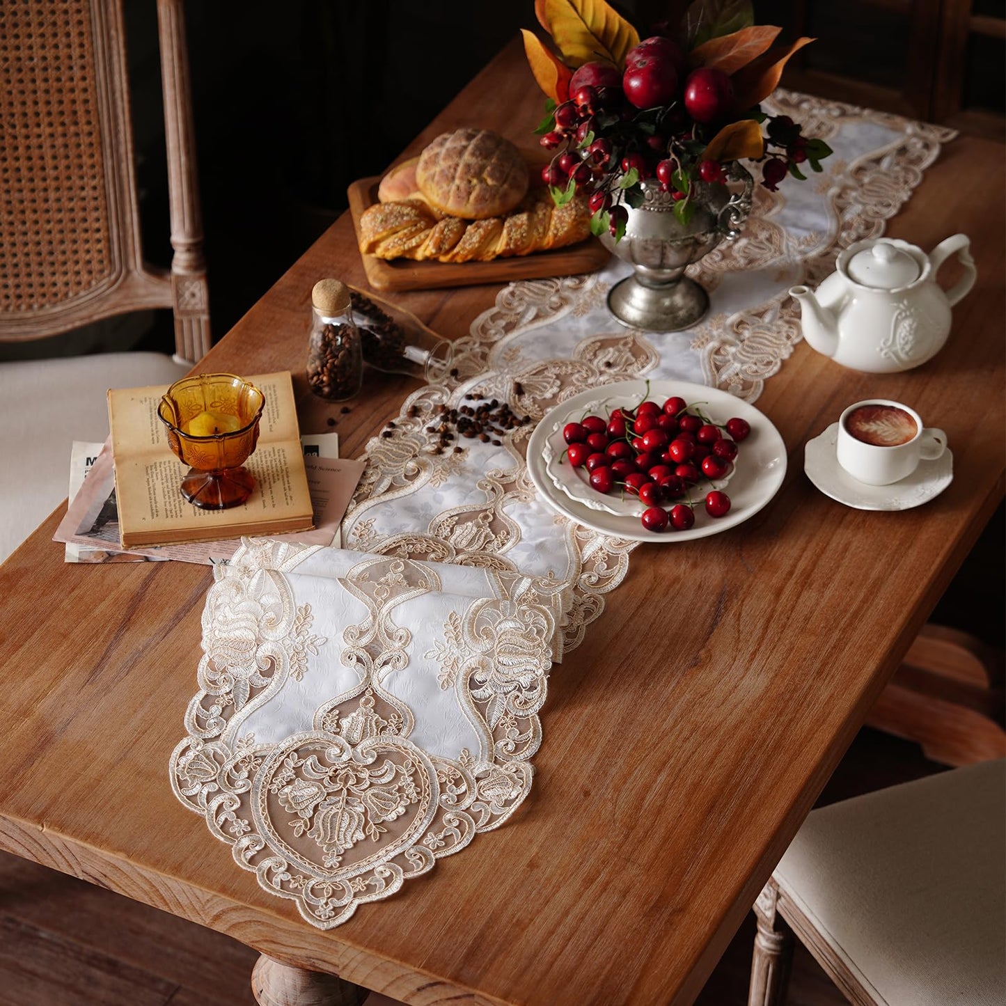Artbloss Elegant Embroidered Lace Table Runner with Ornate Gold Floral Design Sheer Decorative Runner for Dining Table Wedding Reception Holiday Decor (Champagne Gold, 12“ x 124")