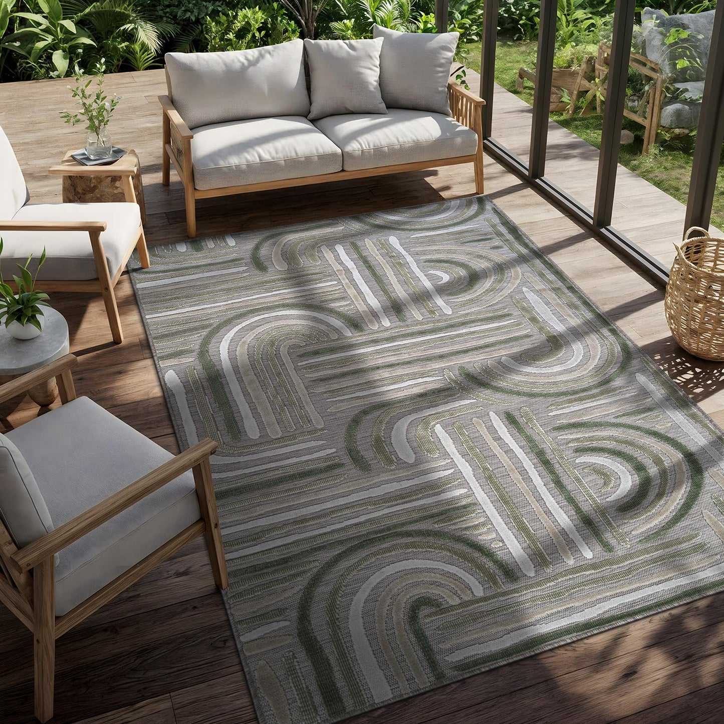 CAMILSON Indoor Outdoor Rug, Beige 5x7 Geometric Arch Striped Area Rugs for Patio and Home Areas, Easy-Cleaning Non-Shedding Living Room, Garden and Deck Washable Outside Carpet (5 x 7)