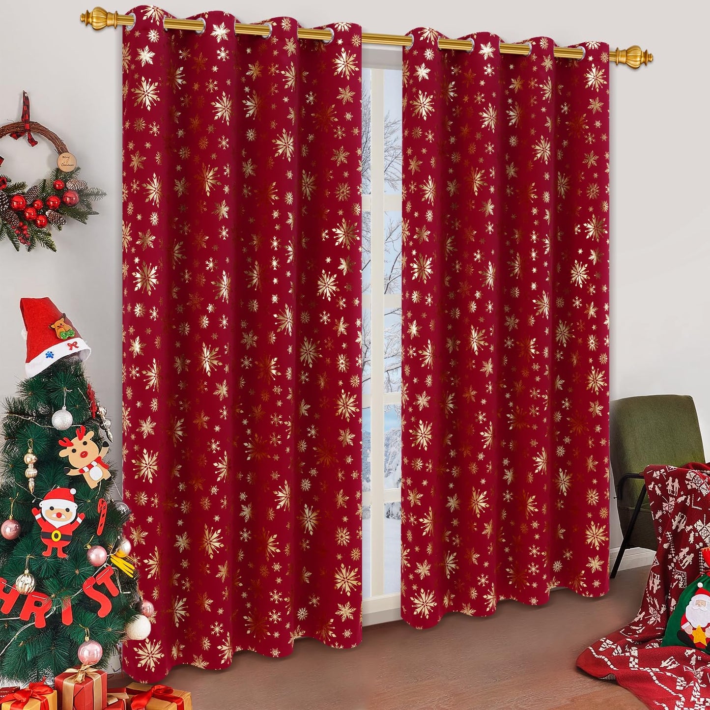 FRAMICS Christmas Curtains for Living Room and Bedroom - Gold Snowflake Foil Print, Blackout, Red, 84 Inch Length, 2 Panels Set, Grommet Window Curtains for Winter