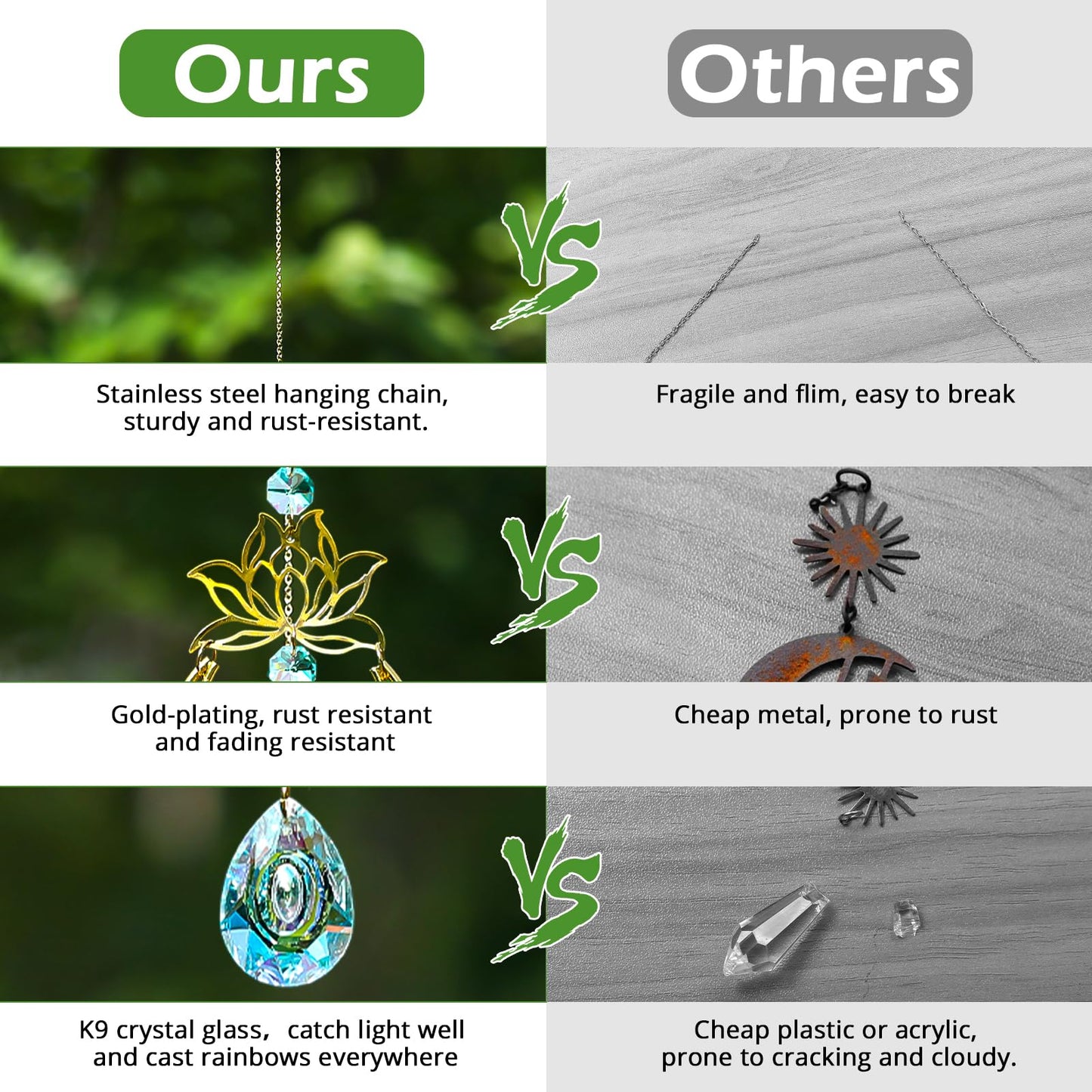 Glistify Upgraded Quartz Crystal Suncatcher with Stainless Chain for Window,Rust Resistant Easy to Hang Sun Catcher for Indoor Outdoor,No Assembly Sparkly Light Catcher