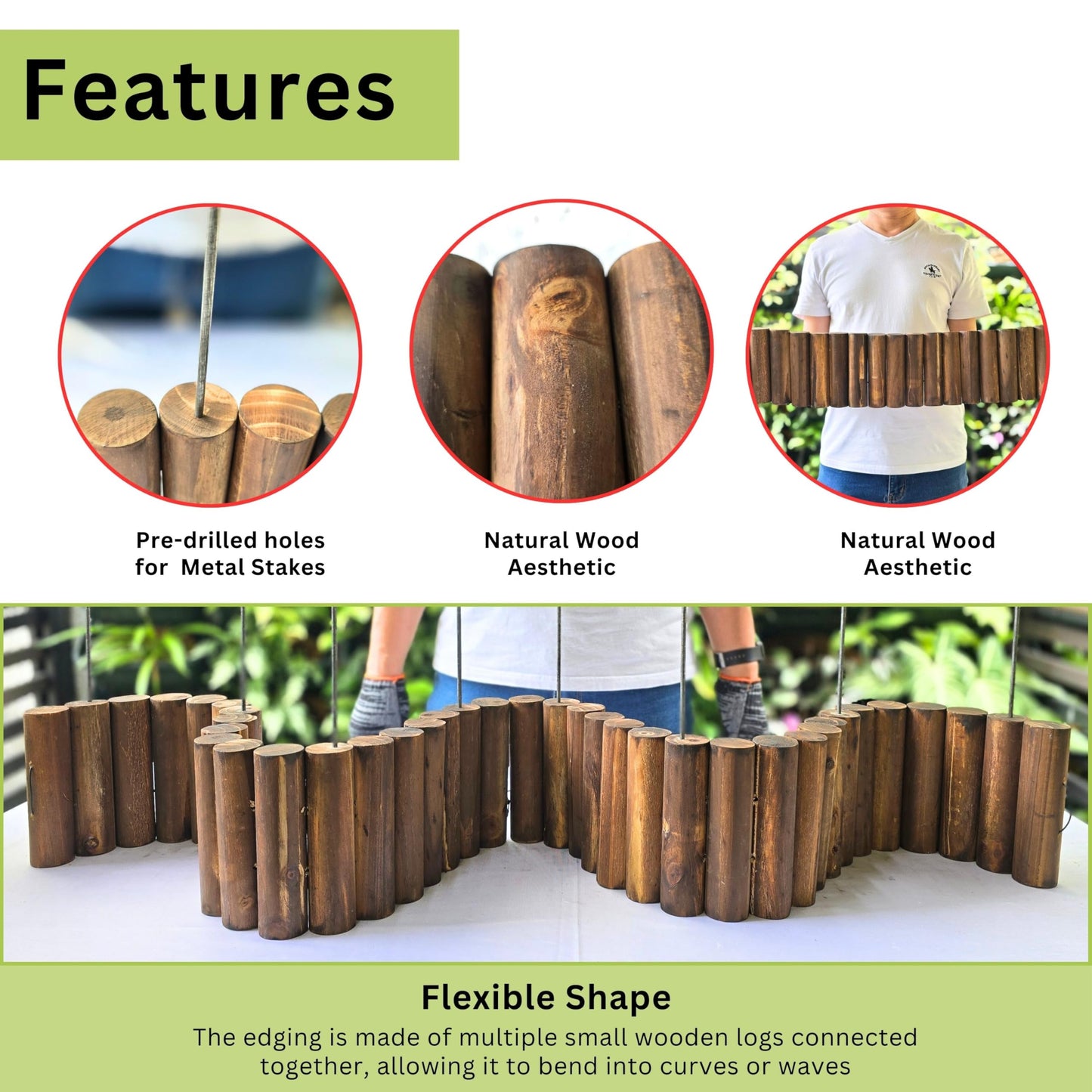 LaLaGreen Wooden Garden Edging Border (30" x 12", 2 Pack) Brown Wood Fence Panel with Metal Stakes, Decorative Flower Bed Landscape Fencing for Lawn Yard Dog Barriers Patio Pathways Outdoor Tree Decor
