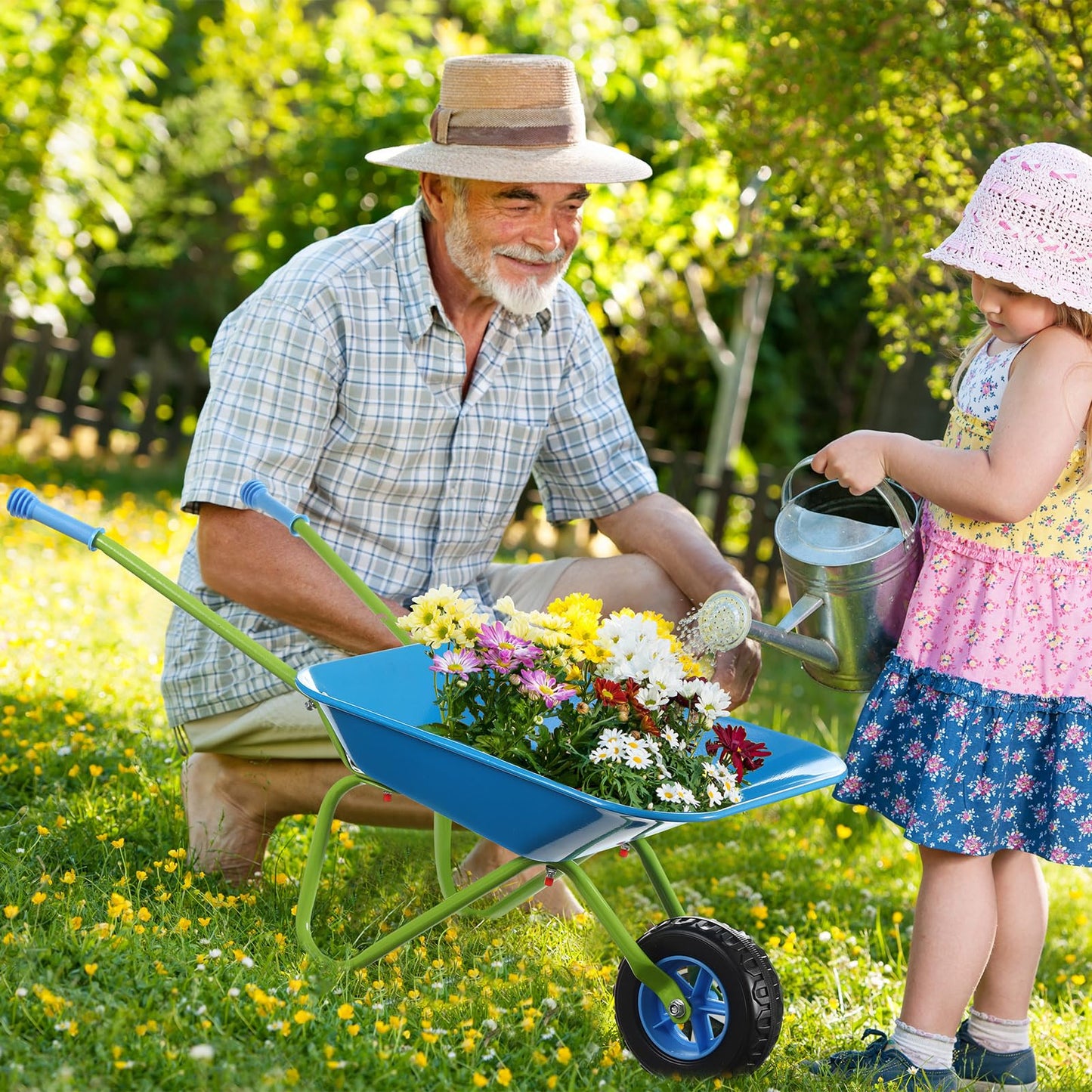 DaisyInner 5 Pcs Kids Gardening Tool Set Include Kids Wheelbarrow Metal Small Toddler Wheelbarrow Wagon with 4 Piece Kids Shovel, Rake, Hoe, Leaf Rake Wooden Gardening Tools for Boys and Girls