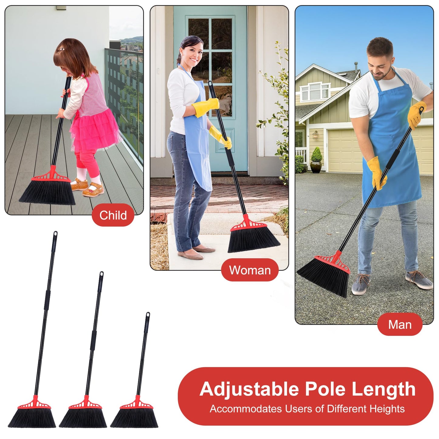 Tiumso Heavy Duty Angle Broom - 55" Adjustable Iron Handle with Stiff Bristles - Commercial-Grade Indoor/Outdoor Broom for Garage, Patio, Kitchen, Sidewalk & Concrete Cleaning (Black & Red)