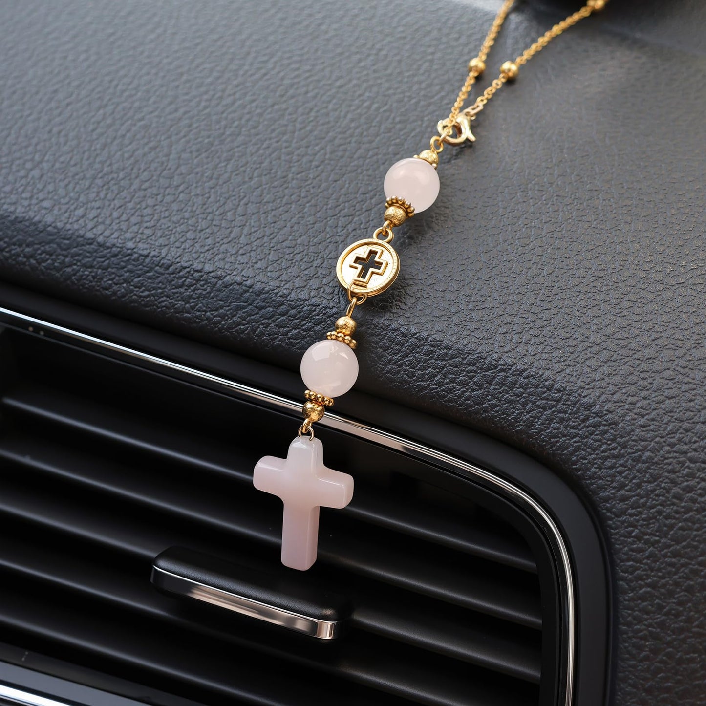 Cross Crystal Hanging Car Charm,Cute Healing Stones Car Decor for Rear View Mirror Boho Handmade Sun Catcher Ornament Accessories Rose Quartz Crystal Protection for Women