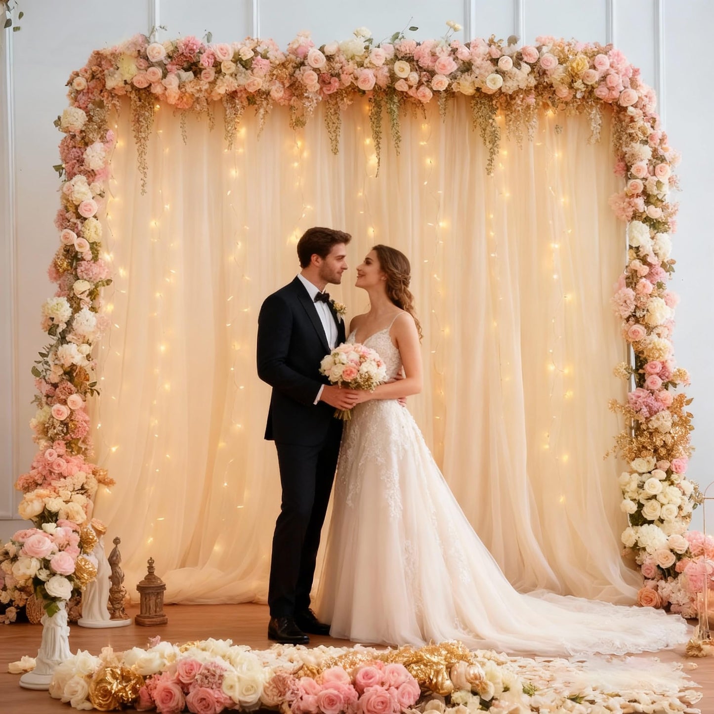 10x10ft Champagne Tulle Backdrop Curtain with Lights String for Parites, Sheer Photo Backdrop Curtains for Wedding Ceremony Bridal Shower Baby Shower Birthday Party Photo Shoot Background Decorations