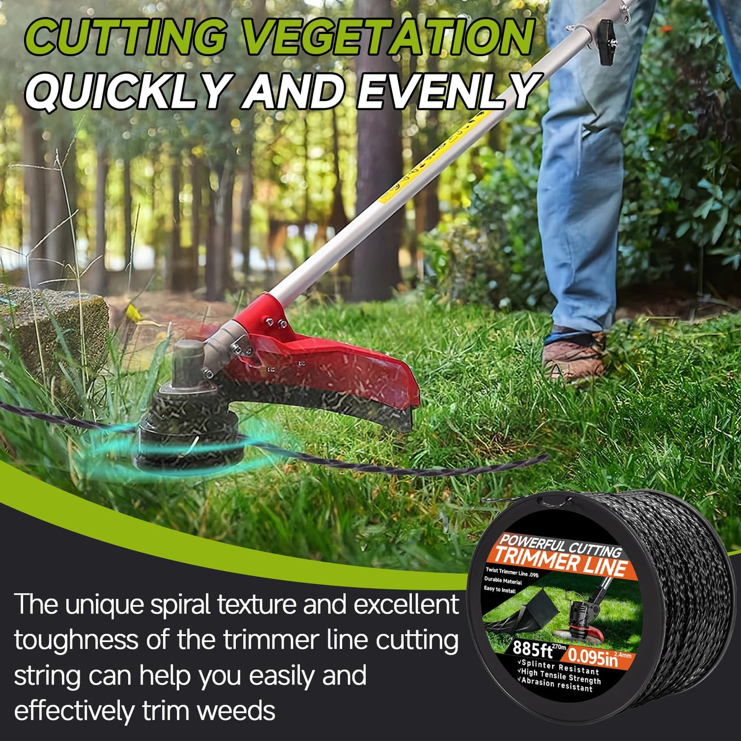 GeekNi 885ft 0.095" for Black Diamond Trimmer Line Heavy Duty Professional Twisted Weed Wacker String Spiral Trimmer Line Spool with Cutter for Echo Trimmers Line 330095073