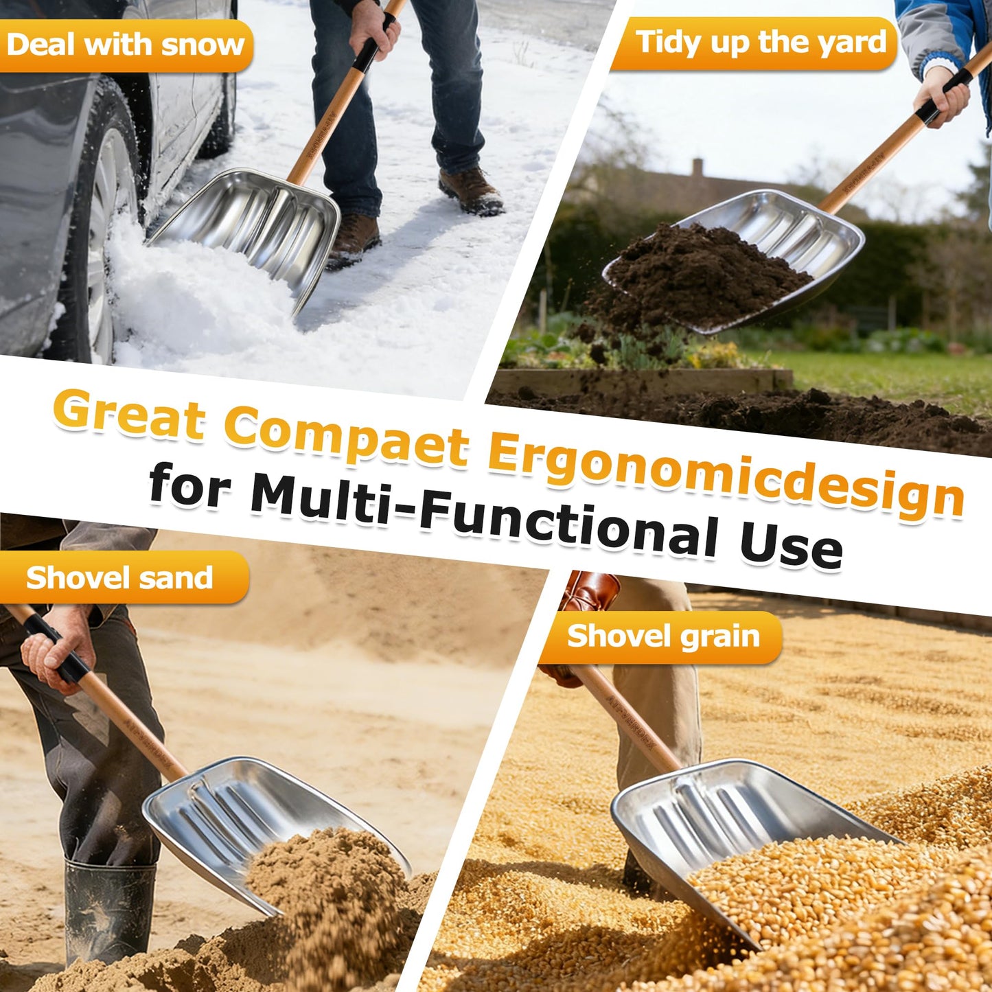 ATFVERDEX Scoop Shovel,Snow Shovel for Driveway with Non-Slip Wooden Handle and D-Shaped Grip,Quickly Clear the Snow from the Driveway and Yard