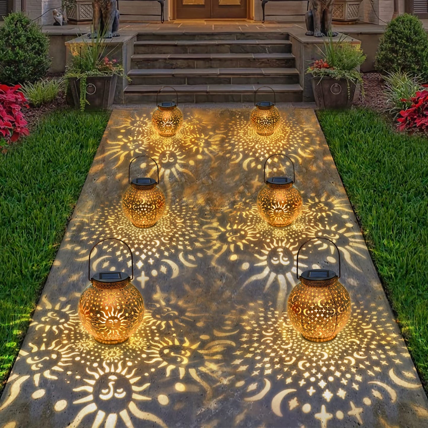 Go2garden Gifts 2Pack Solar Lanterns Outdoor Waterproof Mothers Day Gifts for Mom Moon Star Sun Solar Lights for Balcony, Yard,Birthday Gifts for Women Grandma Wife (Bronze)