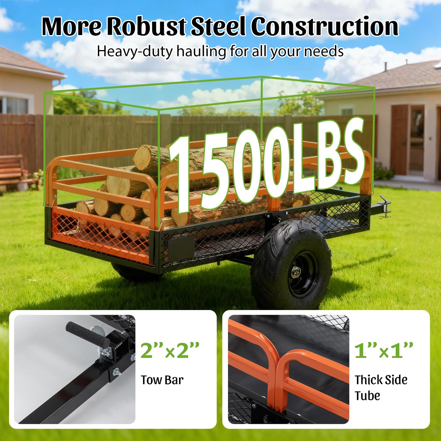 KEIKI 1500 lb Capacity Dump Cart Trailer Tow Behind, 15 Cu Ft Heavy Duty Garden Wagon with Foot Pedal Dump, Steel Utility Cart for ATV UTV Lawn Tractor Yard Hauling
