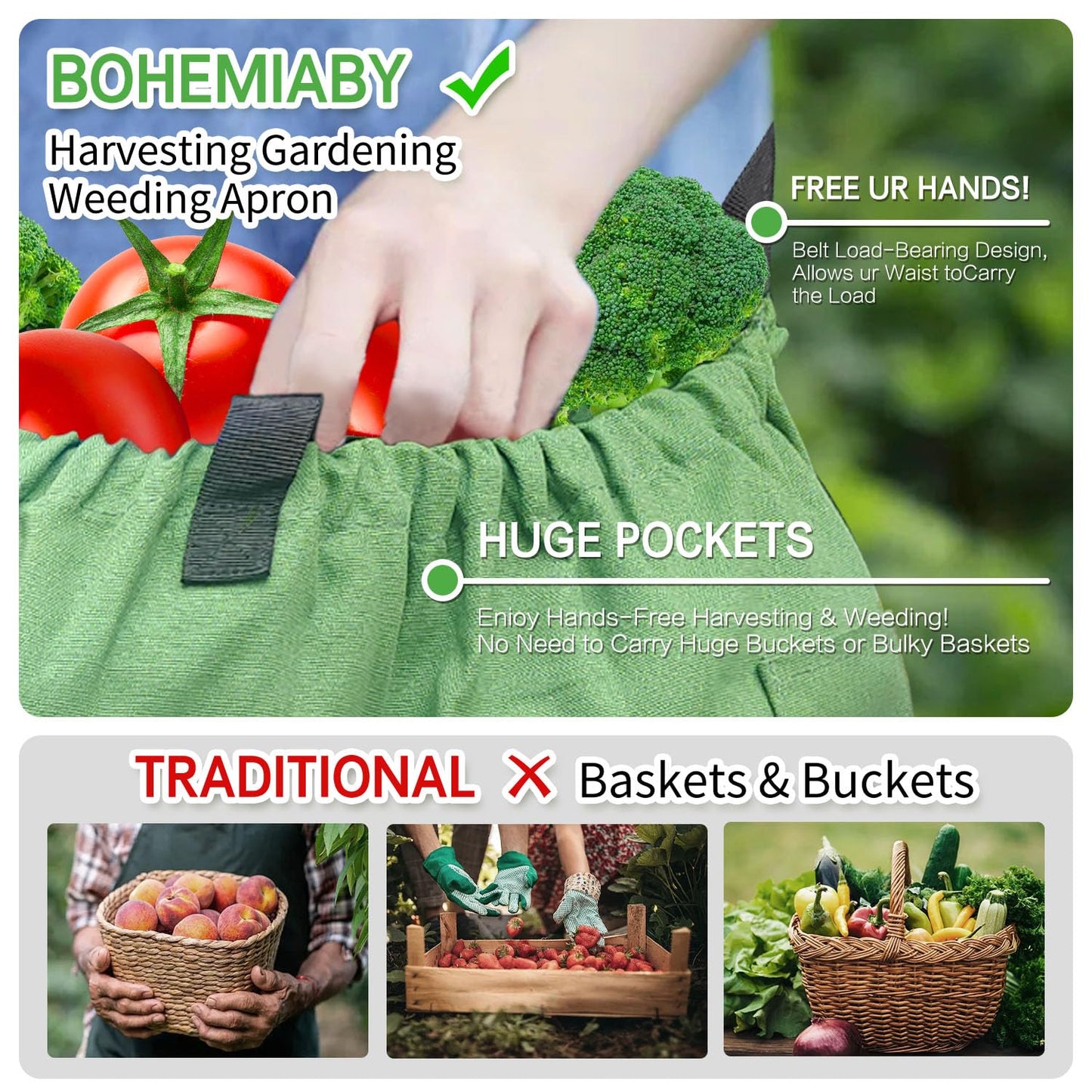 BOHEMIABY Gardening Apron Harvest Apron with Pockets, Green Garden Apron, Adjustable Waist Belt (Waist Apron)