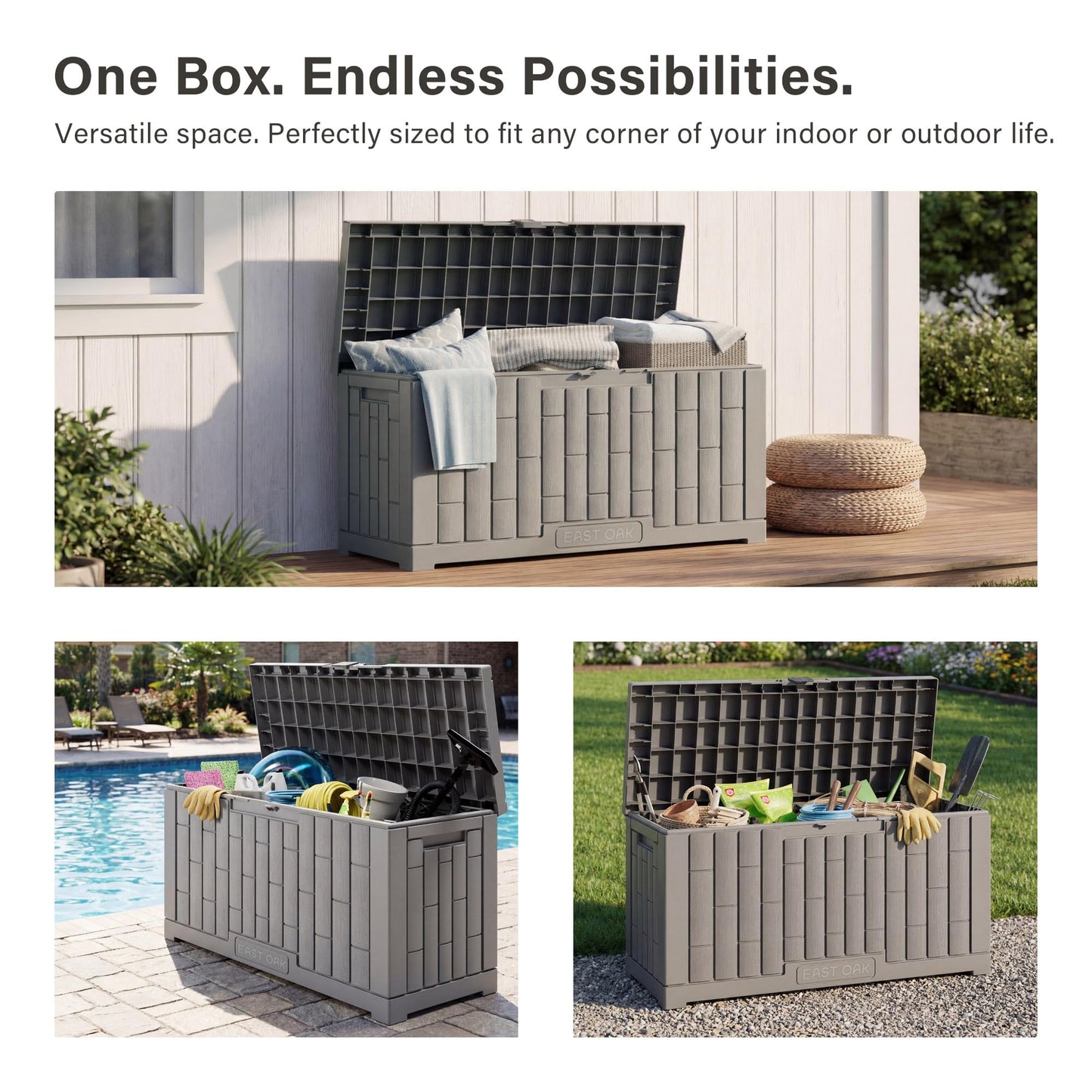 EAST OAK Outdoor Storage Box, 60 Gallon Deck Box Indoor and Outdoor Use, Waterproof Resin Storage Bin for Patio Cushions, Gardening Tools, Lockable, UV Resistant, Grey