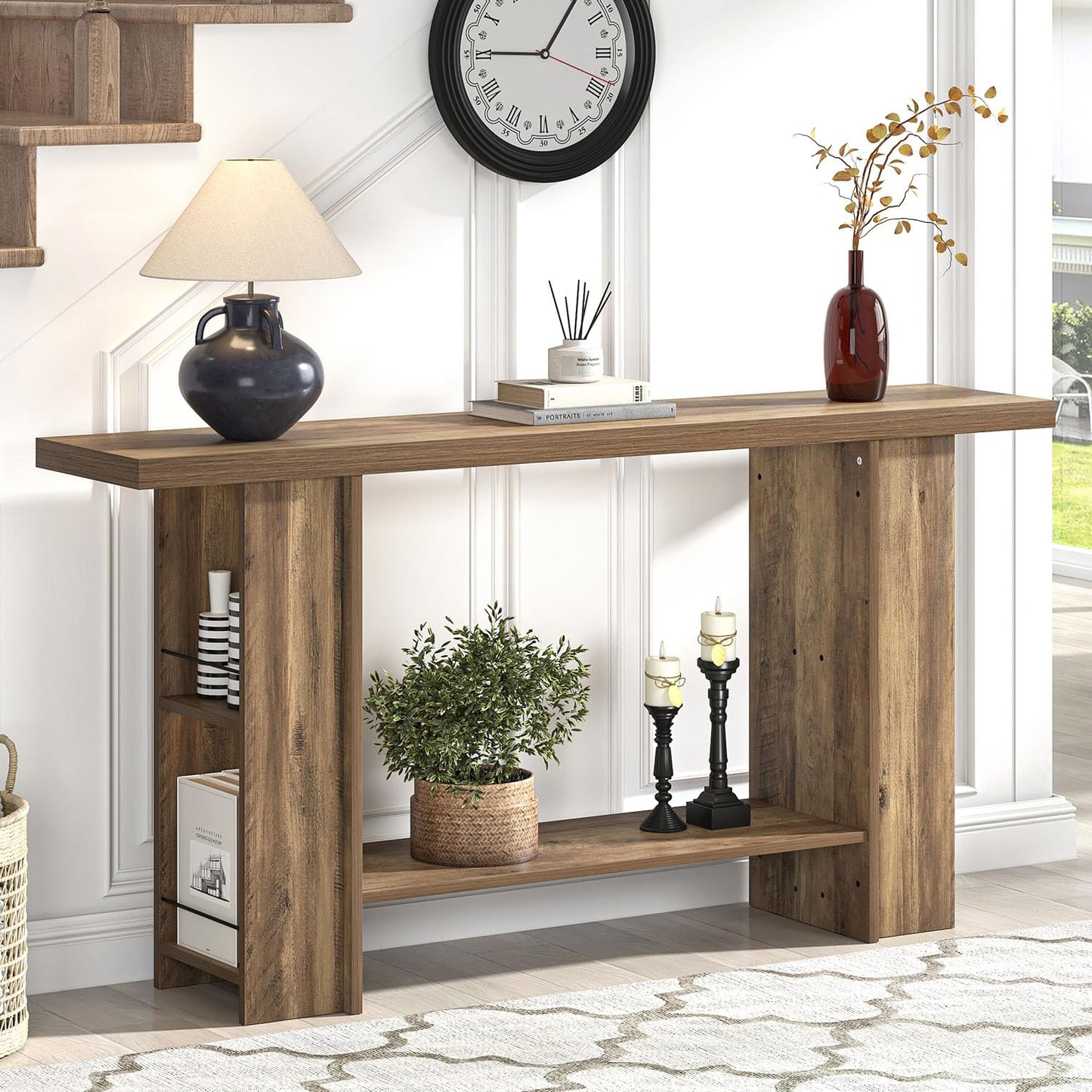 FOLUBAN 53 Inch Long Entryway Table, 2-Tier Wood Console Table with Storage Side Shelves, Farmhouse Sofa Table for Living Room, Narrow Hallway Foyer Table Behind Couch for Home Decor, Rustic Oak
