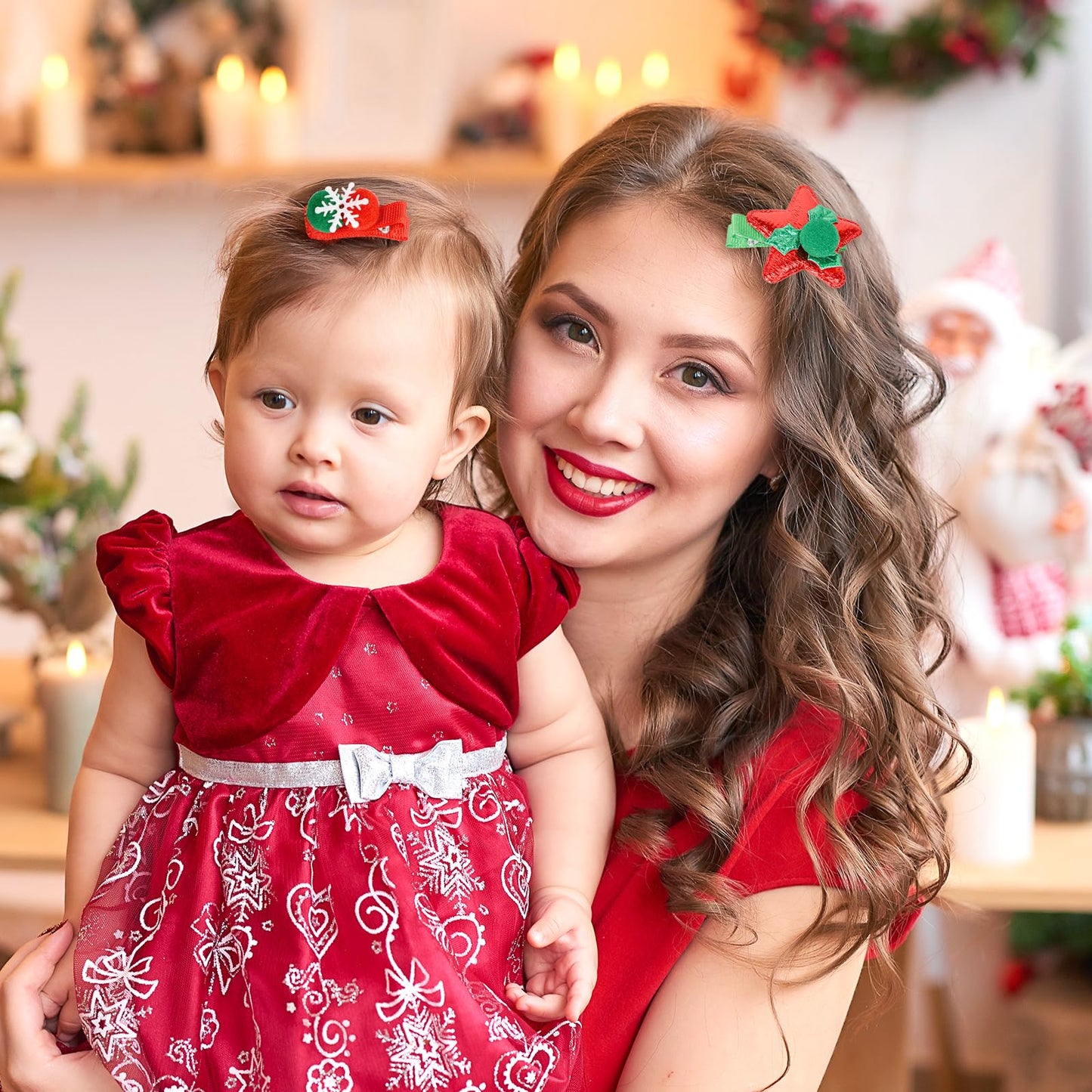 Christmas Hair Clips Set - Santa Hat, Snowflake, Bow & Star Barrettes for Women Girls Holiday Party (Red/Green) Hair Accessories for Women Girls (Pom Pom)