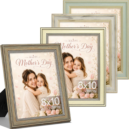 Vittanly 8x10 Picture Frame Set of 4, Vintage Photo Frame for Wall or Tabletop, Display 5x7 Pictures with Mat or 8x10 without Mat, Rustic Farmhouse Home Decor, Multicolour