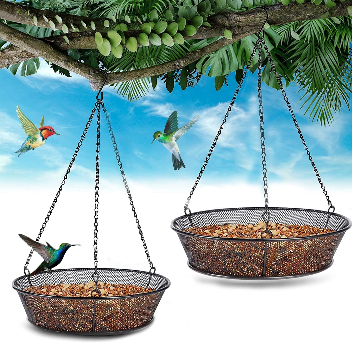 2 Pack Hanging Bird Feeder, Bird Feeder for Garden Yard Outside Hanging Feeder Tray - Metal Mesh Platform Feeders for Outside Outdoors for Attracting Birds