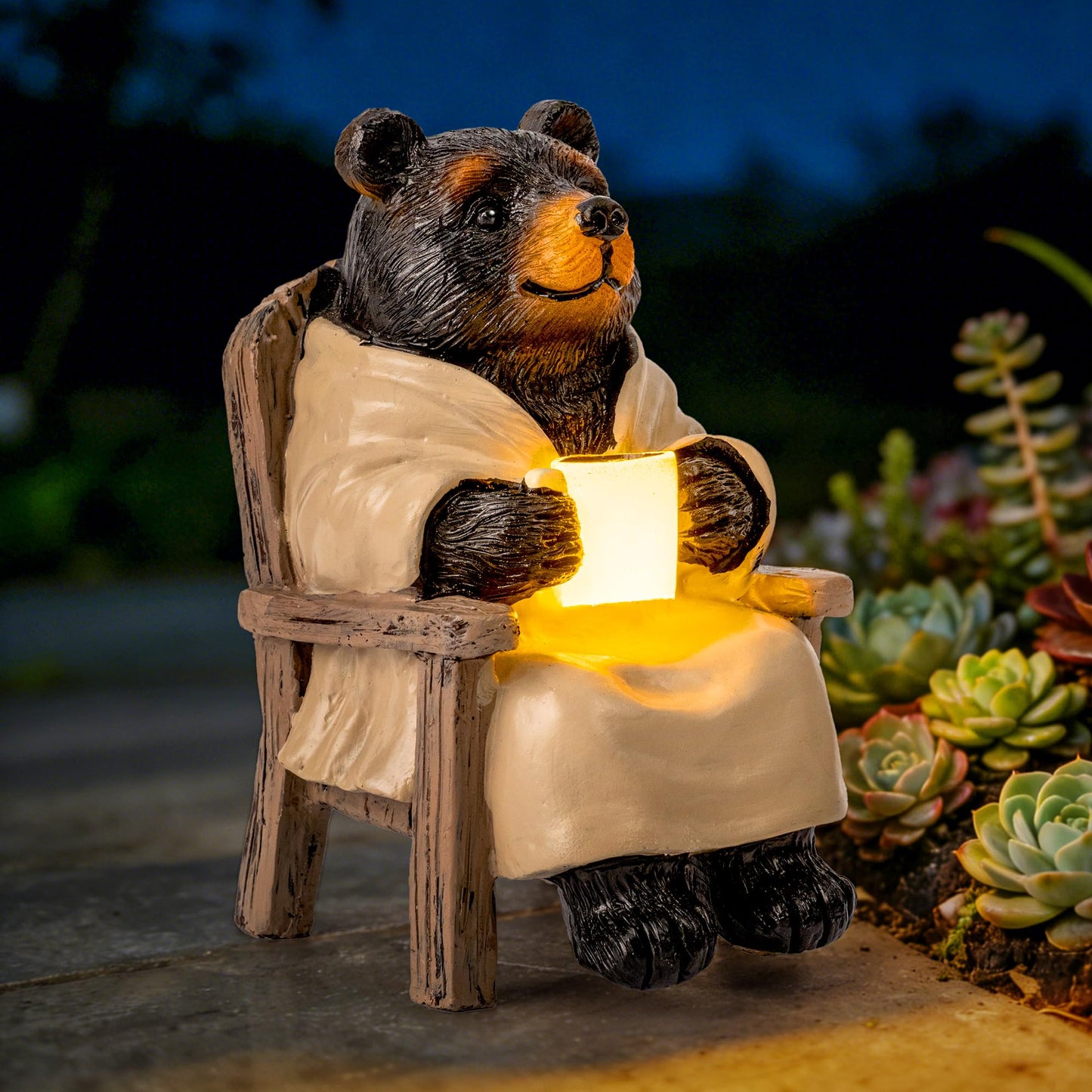 SOWSUN Miniature Garden Statue, Solar Black Bear Decoration with Light, Outdoor Decor for Patio Yard Lawn Balcony, Christmas/Birthday Gift for Mom Women