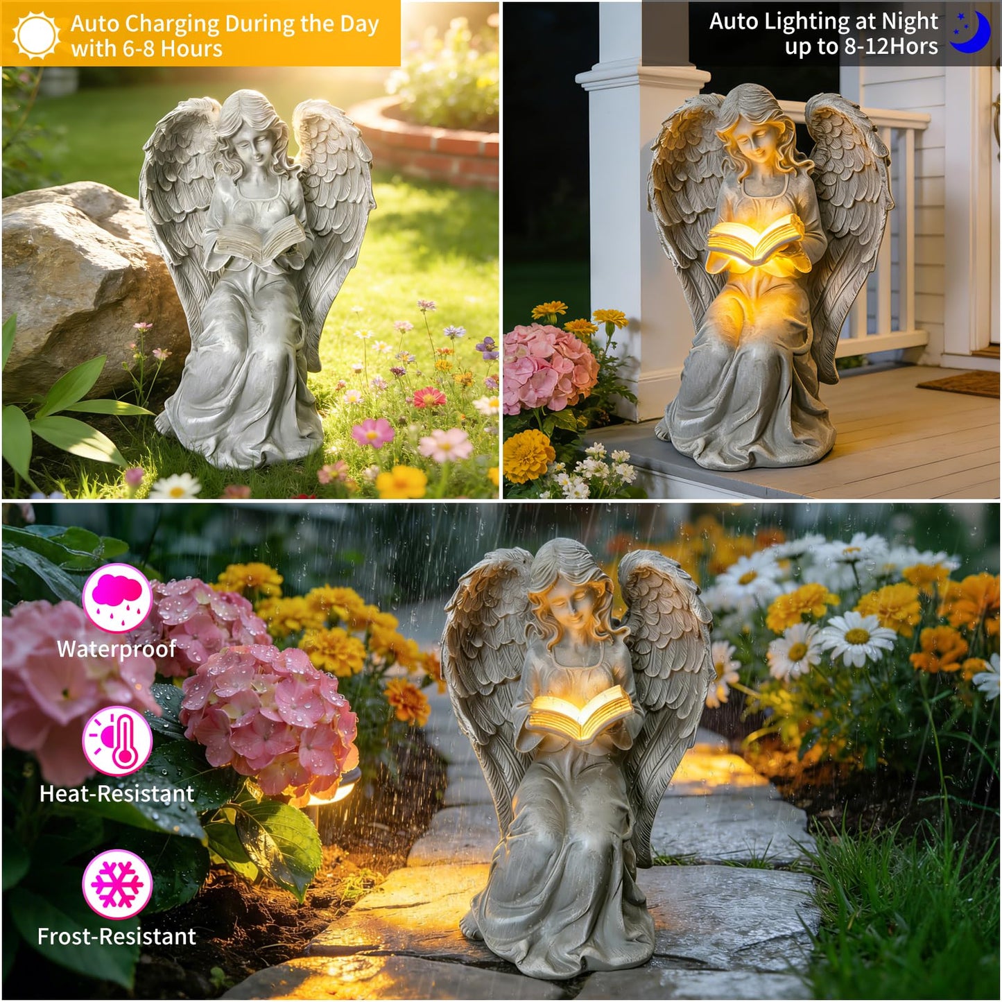 Vcdsoy Solar Garden Outdoor Angel Book Statues,Book Lovers for Balcony Patio Lawn Table Yard Ornaments, Solar Resin Fairy Waterproof LED Lights,Birthday Gifts for Women Mom Grandma