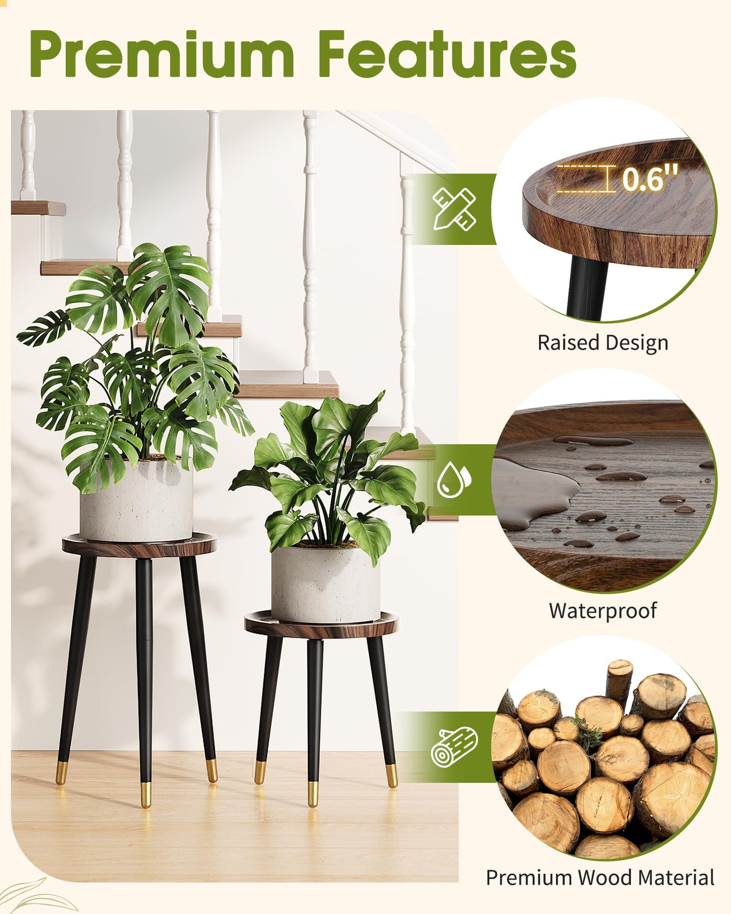 AZADESJET Plant Stand Indoor 2 Pack, Wood Mid Century Indoor Plant Stand, Tall Plant Stands for Flower Pot, Modern Plant Table, Small Side End Table With Raised Design, Walnut, 11.7"x18.8" & 11.7"x13"