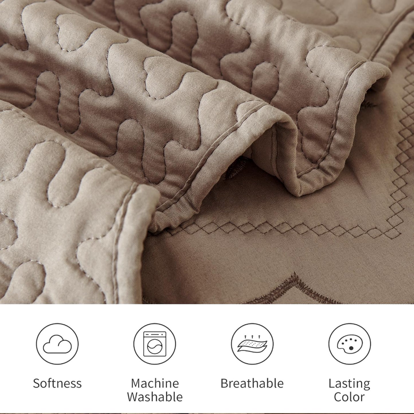 Cmfshape Floral Embroidery Quilt Set,3 Pieces King Quilt Bedding Set,Classic Diamond Pattern Quilts,Ultra Soft Lightweight Reversible Bedspread Coverlets for All Season(Taupe,102"x90")