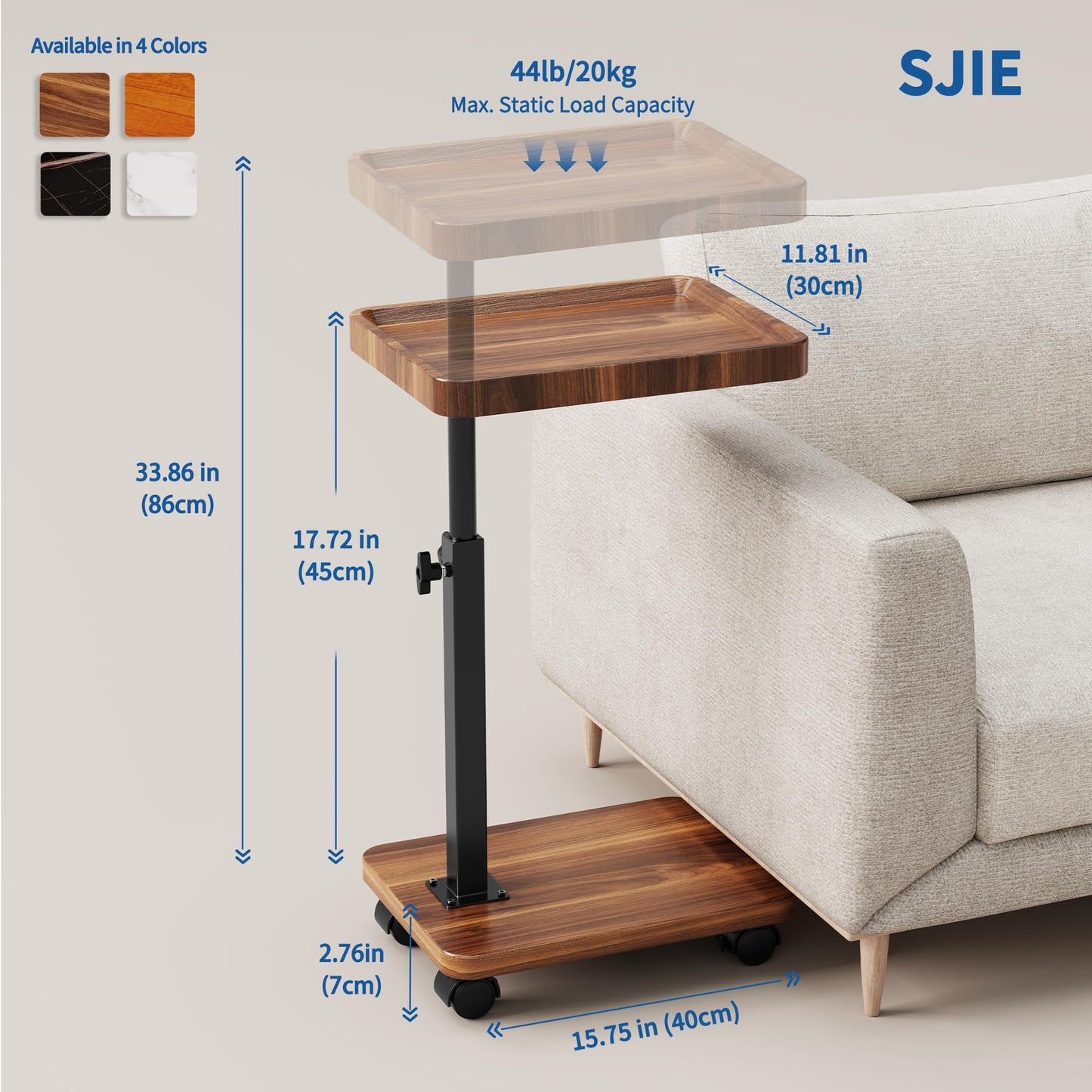 SJIE C Table End Table Adjustable Height, 360°Swivel TV Tray Table for Small Spaces, Side Tables with Wheels for Living Room and Bedroom, Bed (Walnut)