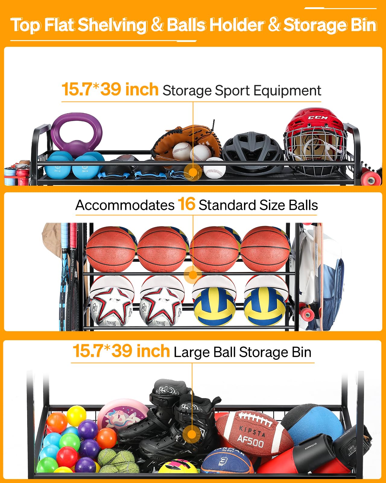 EXTCCT Garage Sports Equipment Organizer - Rolling Ball Storage Bin with Wheels, Garage Sports Gear Rack Outdoor Basketball Racks for Balls with Baseball Bat Holder and Hooks, Toy Organizer