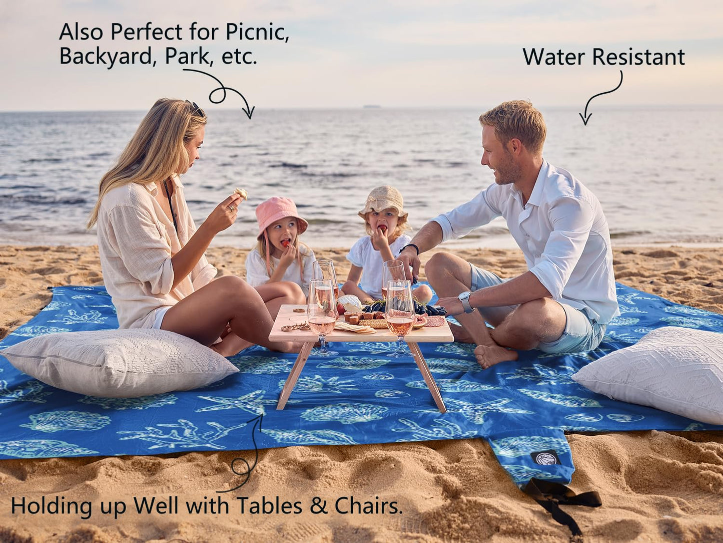 WEKAPO Beach Blanket Waterproof Sandproof Oversized, Extra Large Beach Mat Sand Free, Lightweight & Compact Sand Free Mat with 6 Stakes & 4 Corner Pockets (Blue Sea Shells, 8 x 7 FT (1～4 Person))