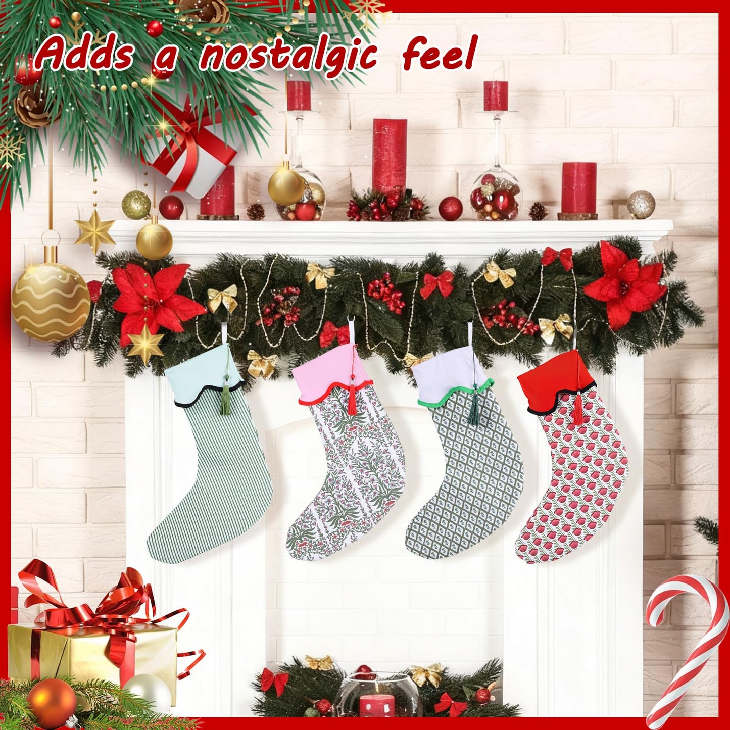 4 Pack Christmas Stockings Green Red Block Print Holiday Scalloped Stockings 22" Canvas Floral Nature Xmas Socks with Tassel Rustic Christmas Hanging Decorations for Stairs Fireplace Xmas Home Decor