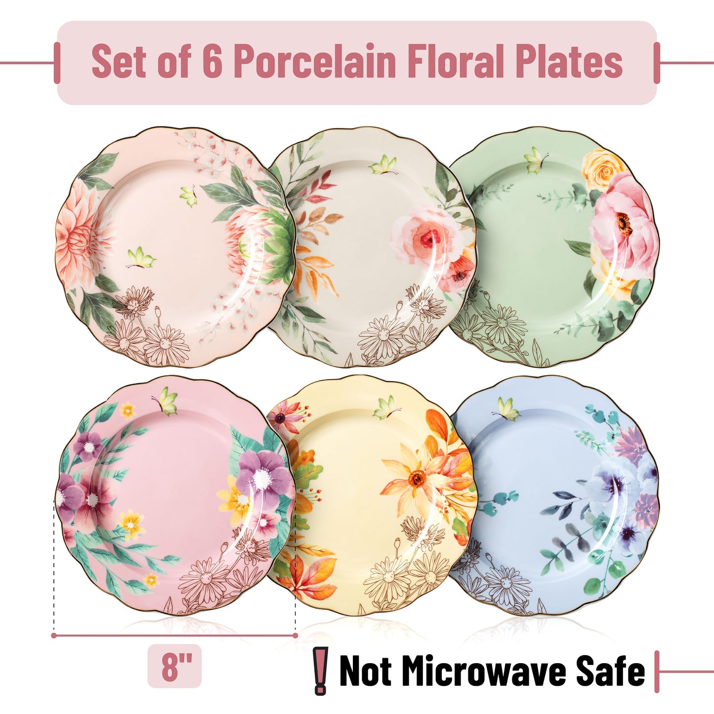 BTaT- Porcelain Floral Plates, 8 inch, Set of 6, Royal Dessert Plates, Appetizer Plates, Floral Plates, Salad Plates, Small Plates, Small Plates Set, Small Dishes, Dinnerware, Mothers Day Gift