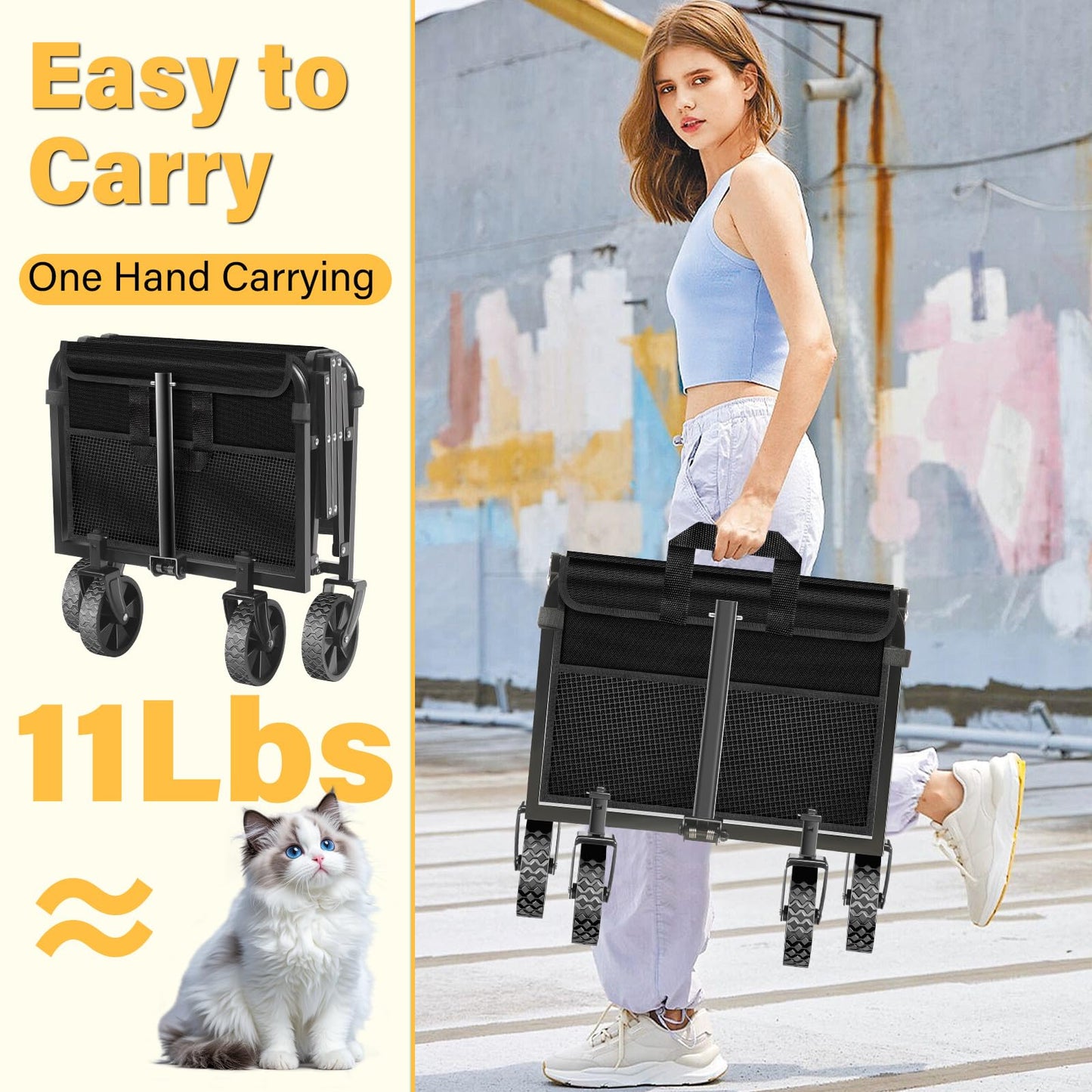 Wagons Carts Foldable - Collapsible Wagon 360Lbs, Folding Wagon Cart with Wheels, Foldable Wagons Portable for Groceries, Sports, Camping, Storage, Travel, Shopping -Jet Black