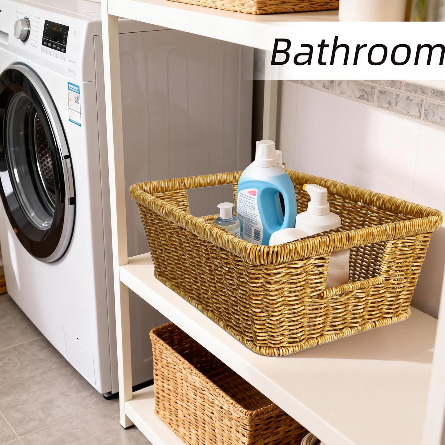 UPINFREE Wicker Storage Basket, Washable Waterproof,Woven Basket for Pantry, Toilet, Bathroom, Bedroom, Patio,Tan,2-pack