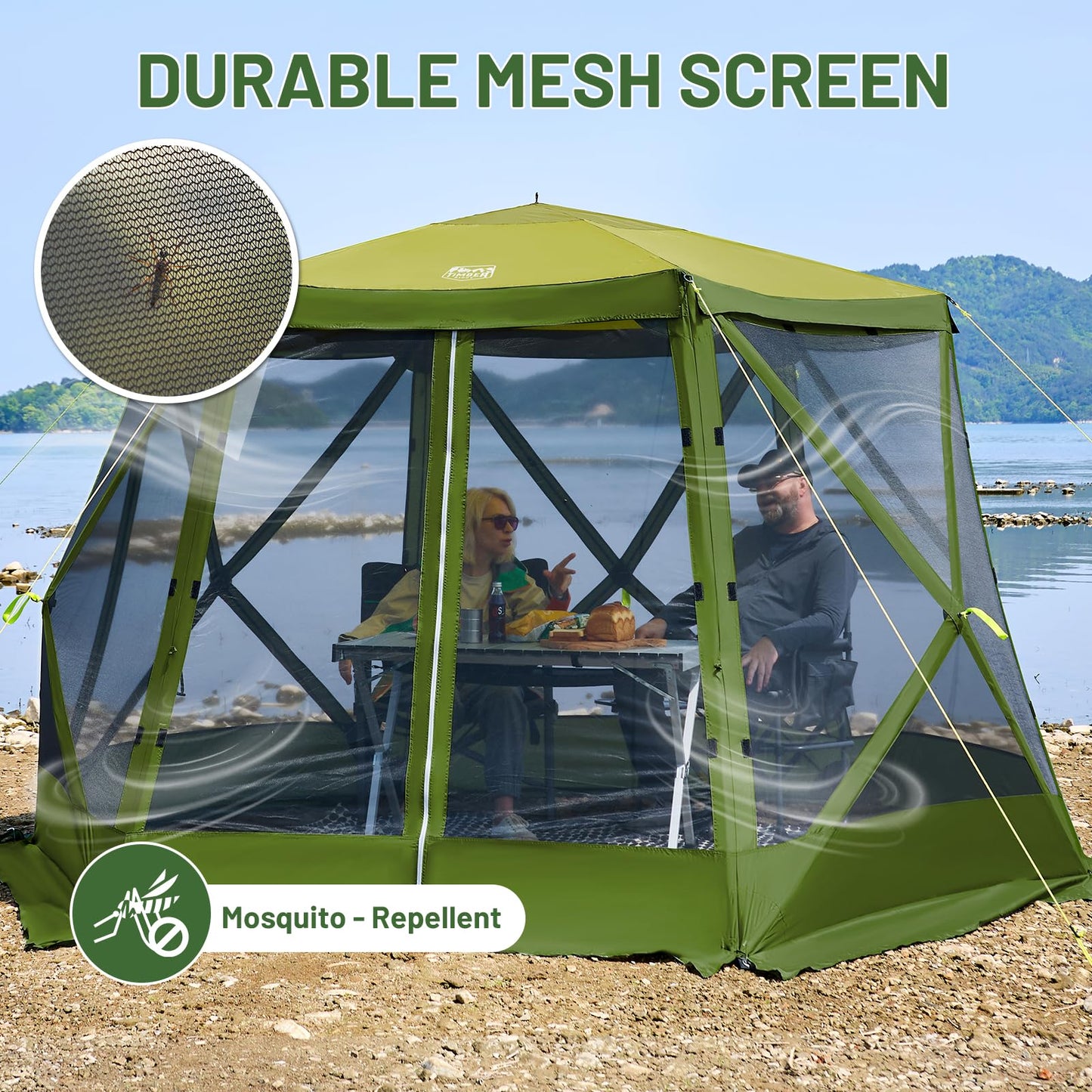 Timber Ridge Easy Pop Up Gazebo Canopy Tent for Camping, 11.5 X 9.8 Ft Portable Instant Screenhouse, Pop Up Screened in Canopy with Netting for Backyard, Patio, Outdoor, Tailgating, Picnics, Green