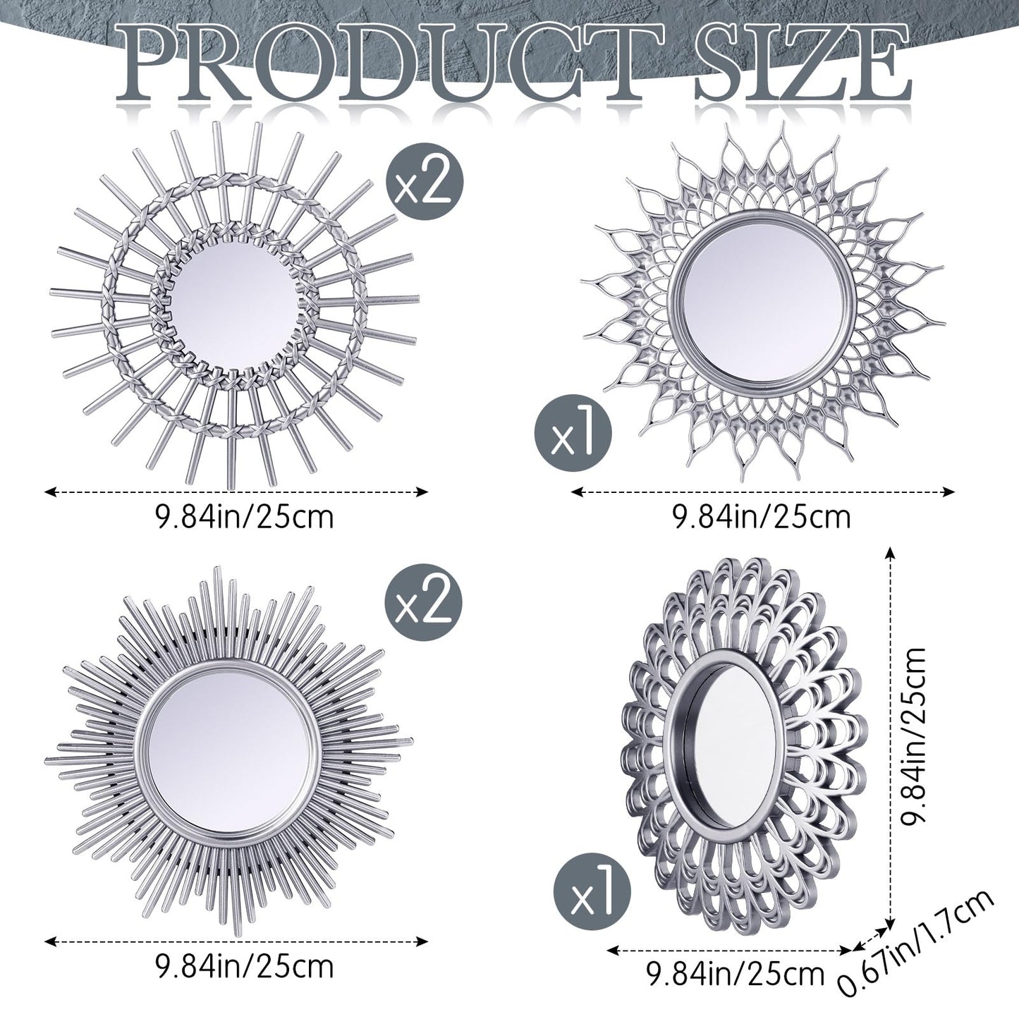 Namalu 6 Pcs Mirrors - Small Circle Sun Mirrors for Decorative Wall Art - Entryway, Bathroom, Bedroom, Living Room (Silver, Classic)
