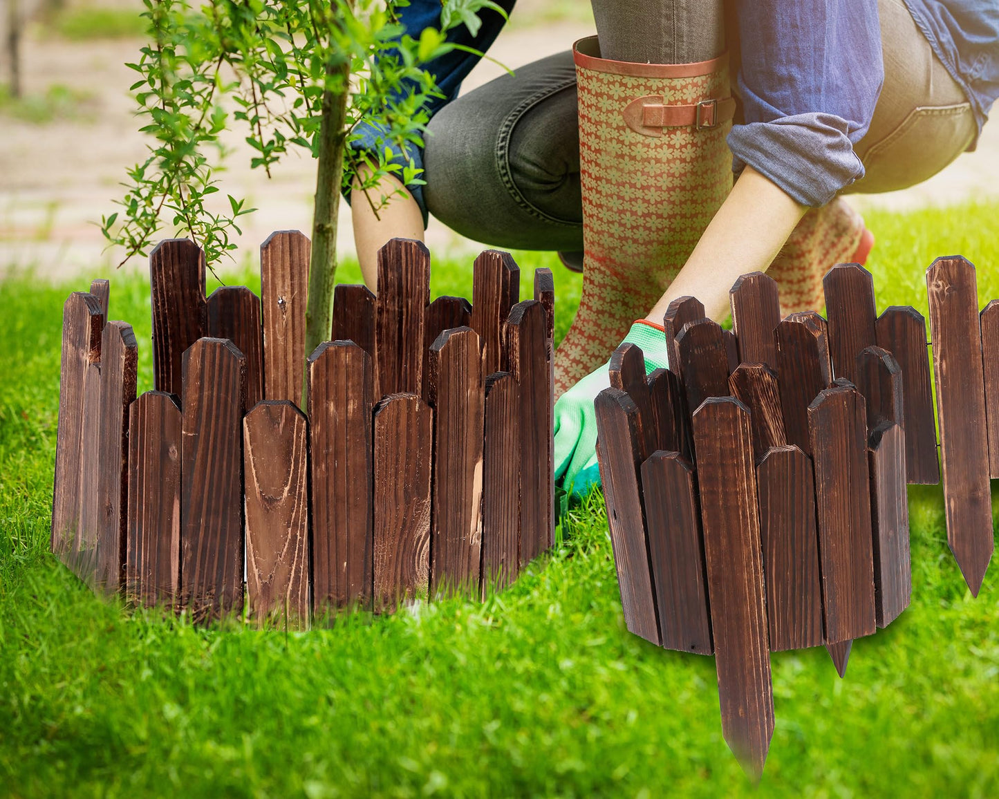 Soaoo 4 Pack Wood Garden Edging Border Outdoor Flexible Landscape Border Fence Decorative Lawn Edging with Gloves for Flower Bed Pathway Garden Yard (16 ft)