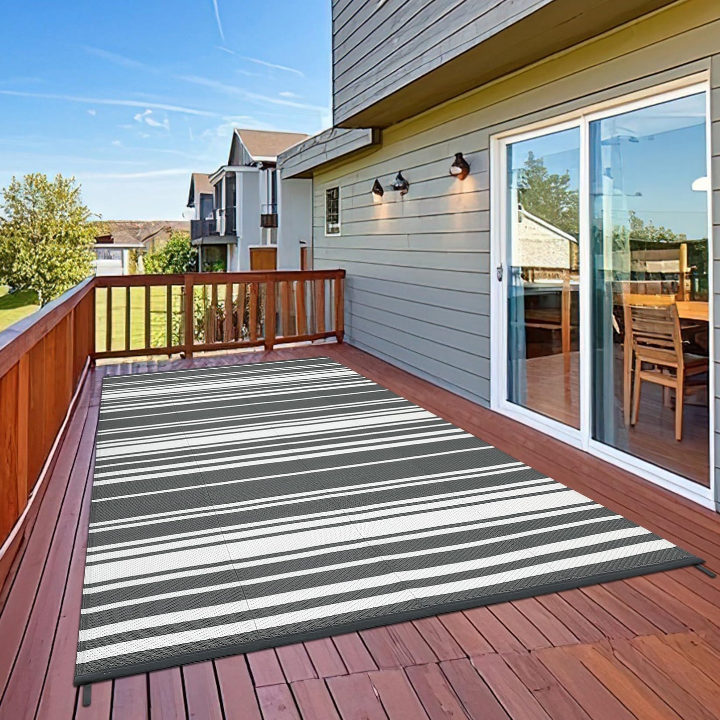 Jojoka Modern Outdoor Rug Reversible Plastic Straw Rug, Geometric Lines Pattern, UV-Resistant Portable Camping Carpet for Patio, RV, Deck, Trailer & Poolside