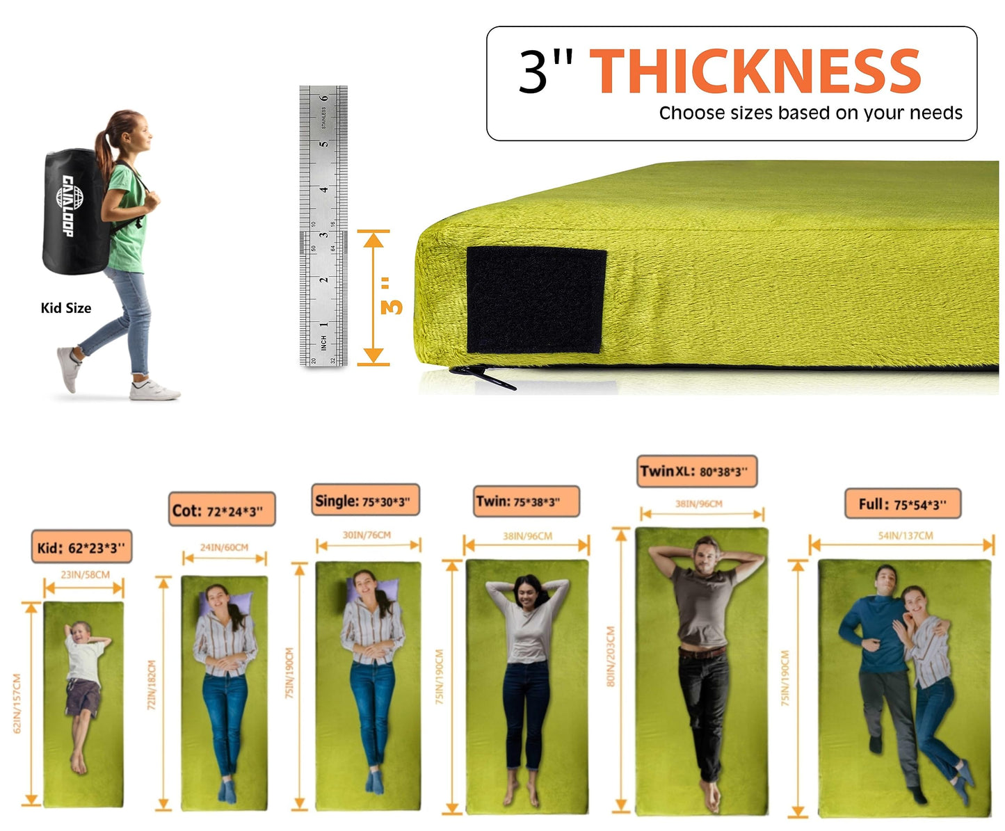 GAIALOOP 3 Inch Memory Foam Camping Mattress, Dual Layer Thick Sleeping Camp Pad for Car Tent Cot, Roll-Up Portable Glamping Floor Bed for Guests Sleepover[Cot: 72 * 24 * 3"]