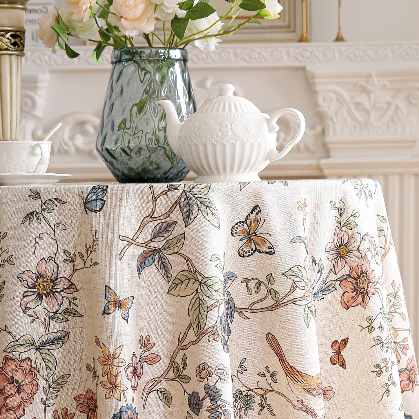ISAENNE Designer French Light Beige Small Round Tablecloth,Linen Florals and Birds Pattern Table Cloth,Anti-Wrinkle Decorative Tablecloths for Dining Thanksgiving Kitchen,Diameter 55"-Cornucopia