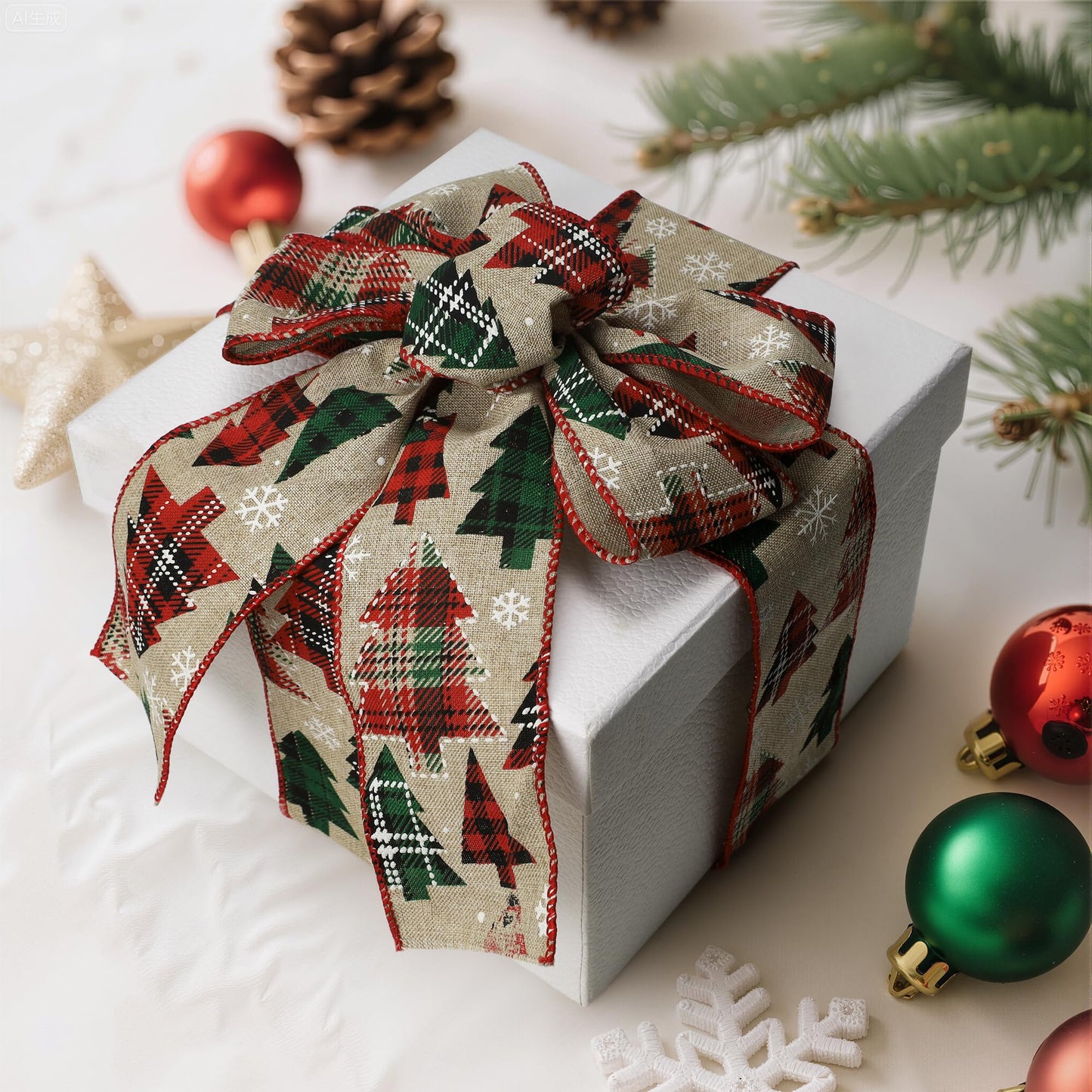 VATIN Wired Ribbon with Christmas Tree Printed, 2-1/2-Inch x 10 Yards, Ribbons for Crafts, Gift Wrapping, Hair Ribbon
