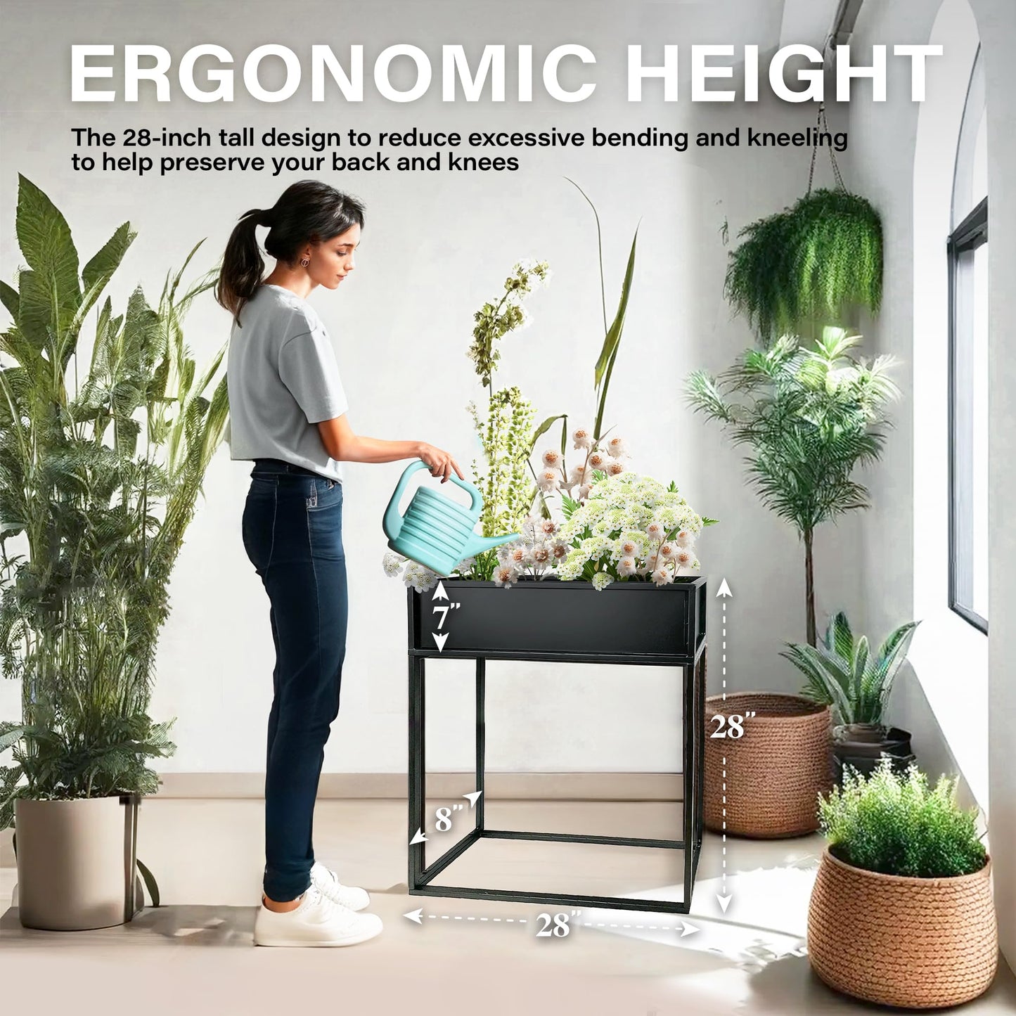 Cocoyard Metal Elevated Planter Box - 28" Raised Garden Bed with Legs for Indoor and Outdoor - Tall Rectangle Planter with Felt Liner, Drainage Holes and Plugs for Vegetables, Herbs and Flowers(Black)