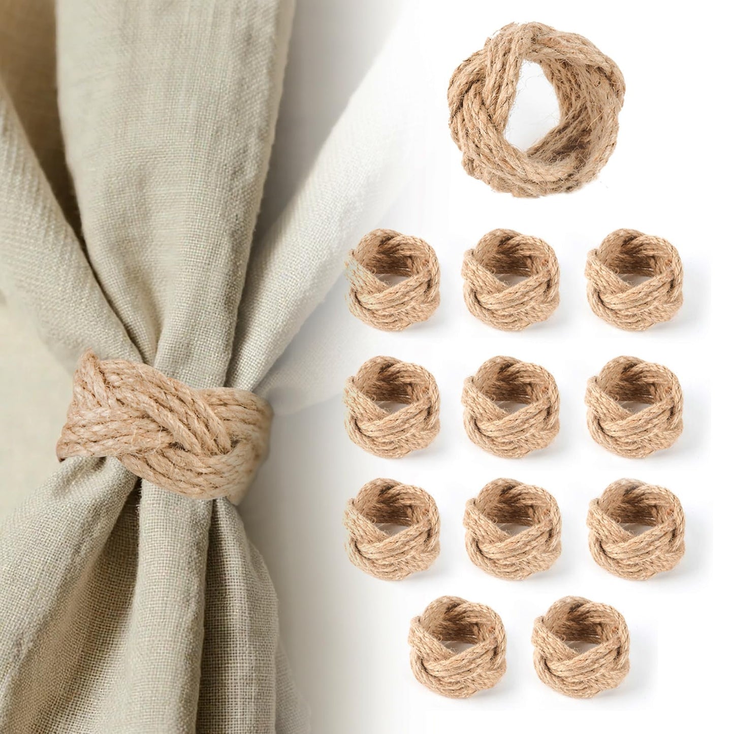 Woven Napkin Rings Set of 48, Mgrlfbl Farmhouse Burlap Napkin Ring Holders Bulk for Thanksgiving Christmas Holiday Dinner Birthday Wedding Banquet Party of Table Setting Decorations(Yute 48)