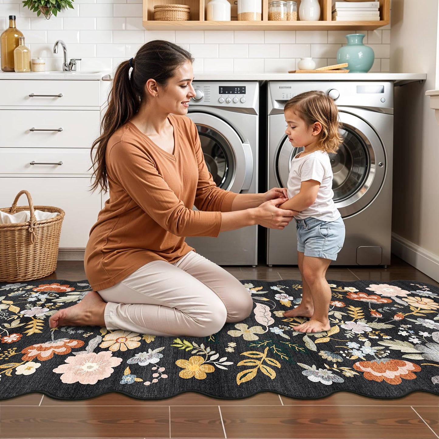 3x12ft Long Hallway Runner Rug - Non Slip Washable Floral Floor Runner for Kitchen Entryway Bathroom，Boho Low Pile Thin Rubber Backed Scalloped Carpet Runner (Black, 3x12)